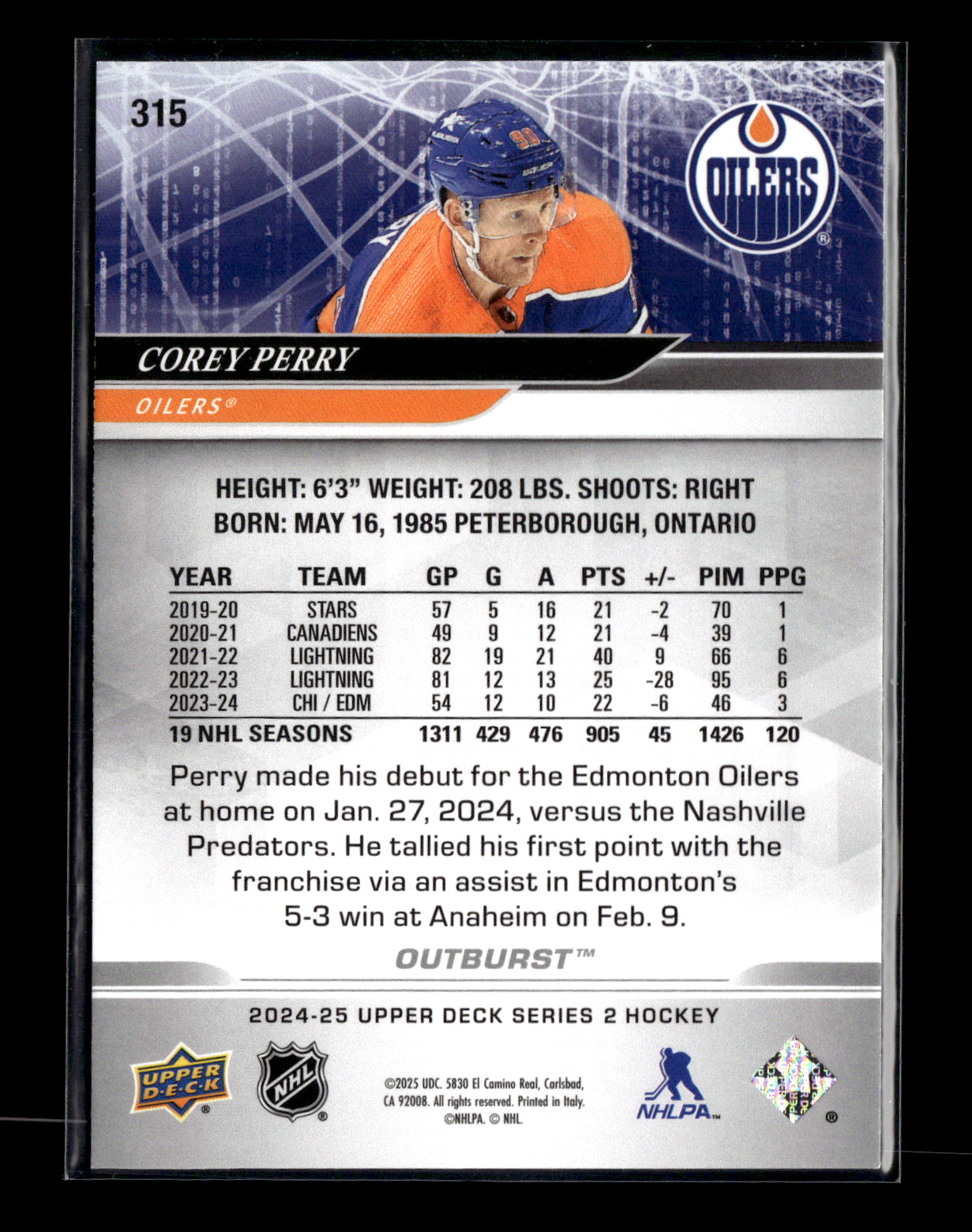 2024-25 Upper Deck Corey Perry #315 Outburst Silver Edmonton Oilers