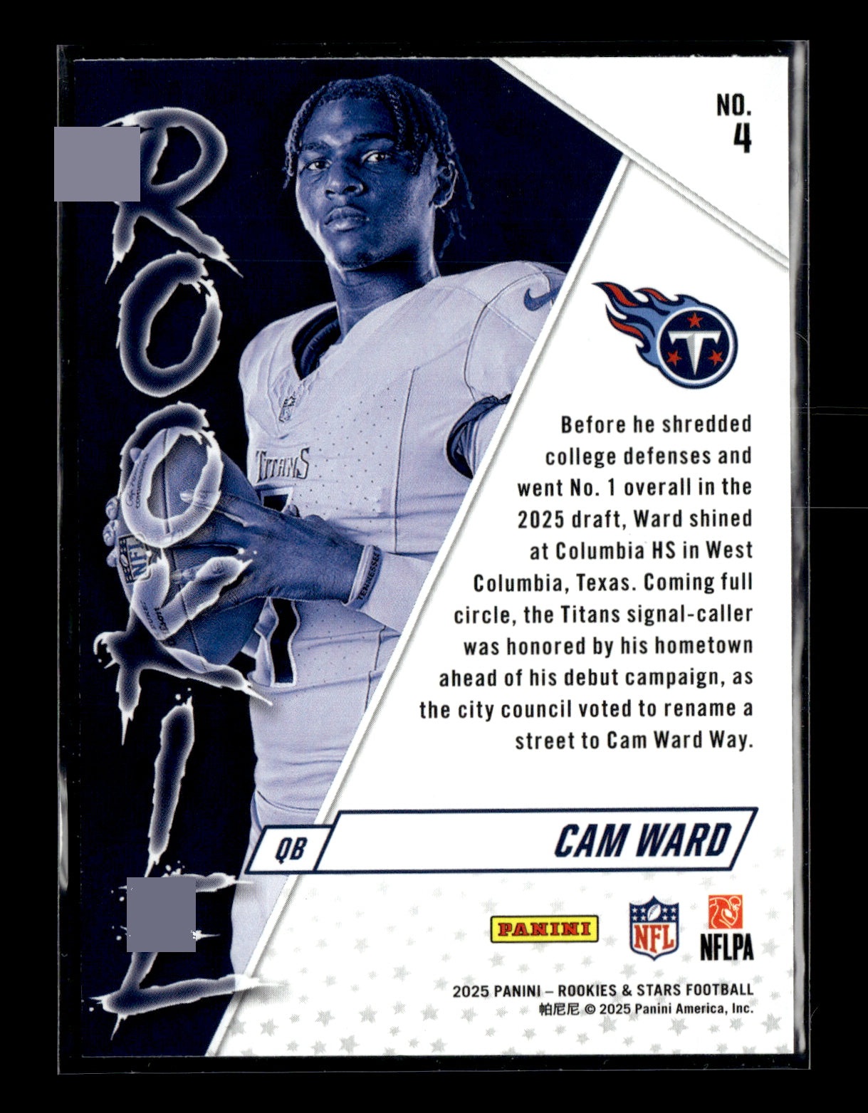 2025 Panini Rookies & Stars Cam Ward #4 Rookie Exclusive Tennessee Titans