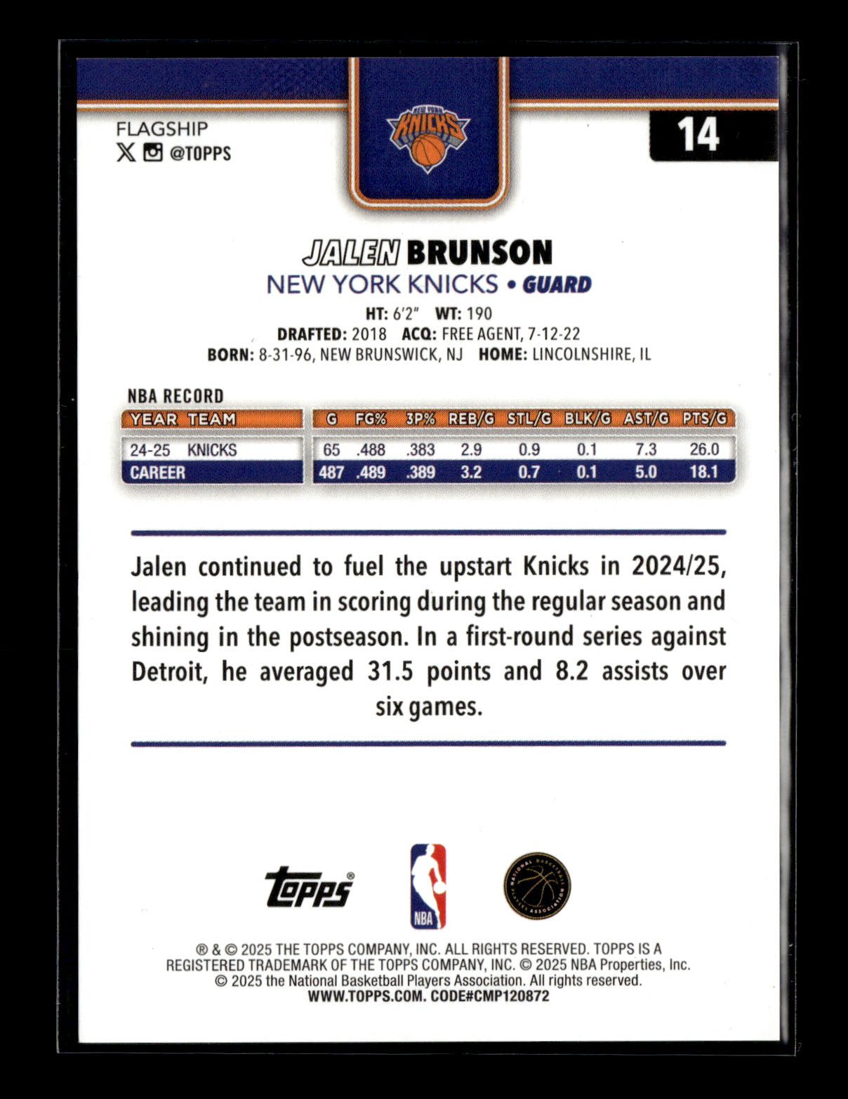 2025-26 Topps Jalen Brunson #14 Diamante Orange #/25 New York Knicks