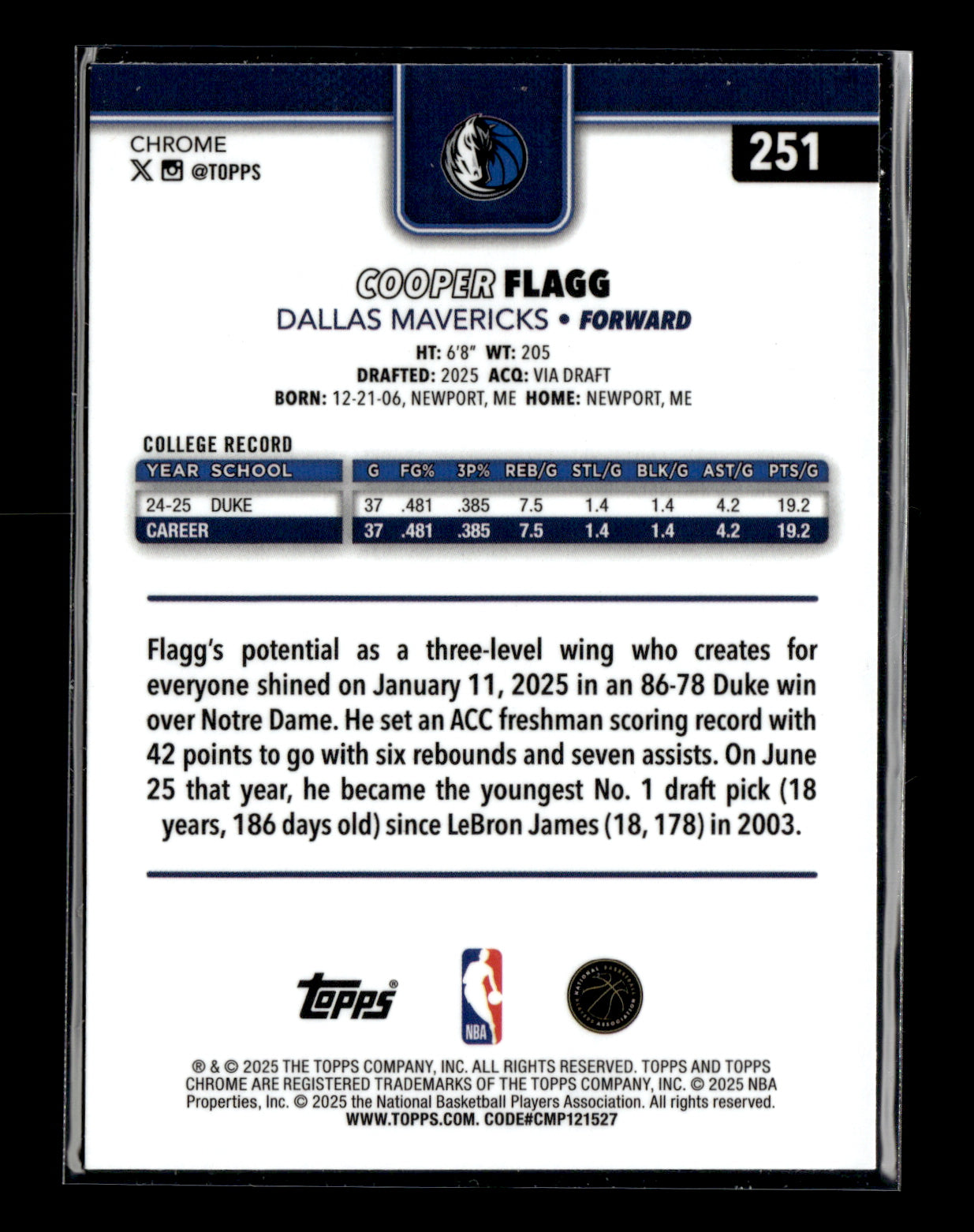 2025-26 Topps Chrome Cooper Flagg #251 Dallas Mavericks