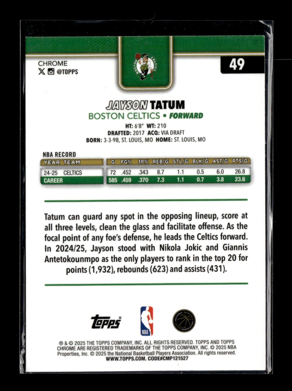 2025-26 Topps Chrome Jayson Tatum #49 Green Wave Refractor #/99 Boston Celtics