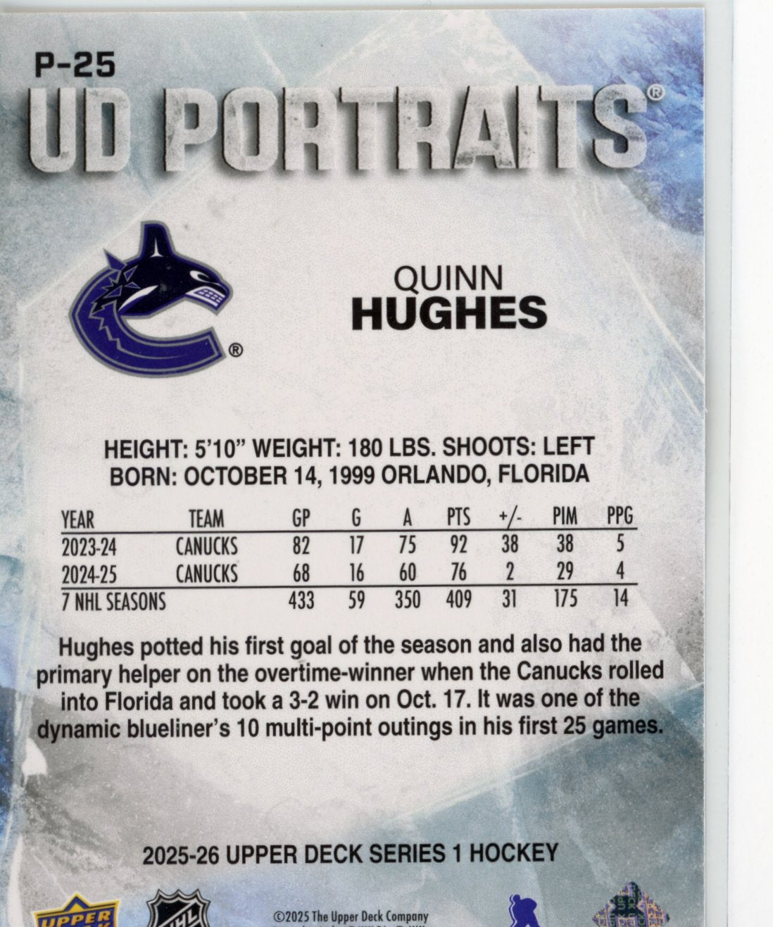 2025-26 Upper Deck Quinn Hughes #P-25 UD Portraits Vancouver Canucks