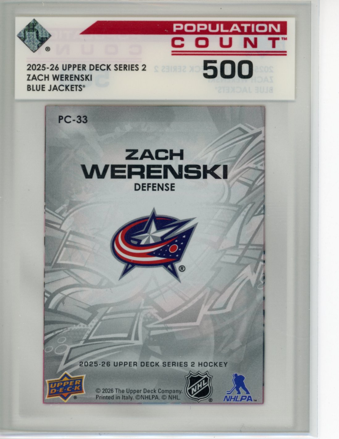 2025-26 Upper Deck Zach Werenski #PC-33 Population Count 1000 Columbus