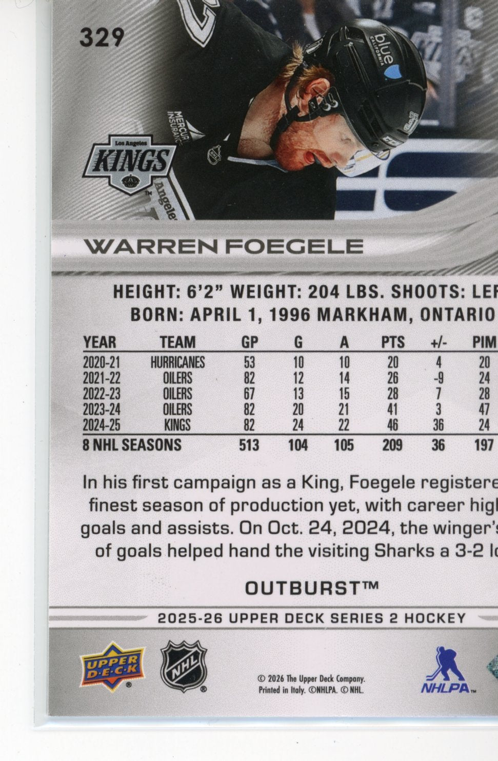 2025-26 Upper Deck Warren Foegele #329 Outburst Silver Los Angeles Kings