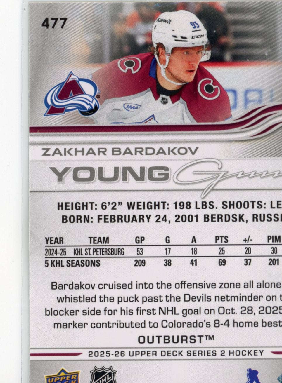 2025-26 Upper Deck Zakhar Bardakov #477 Outburst Silver Colorado Avalanche