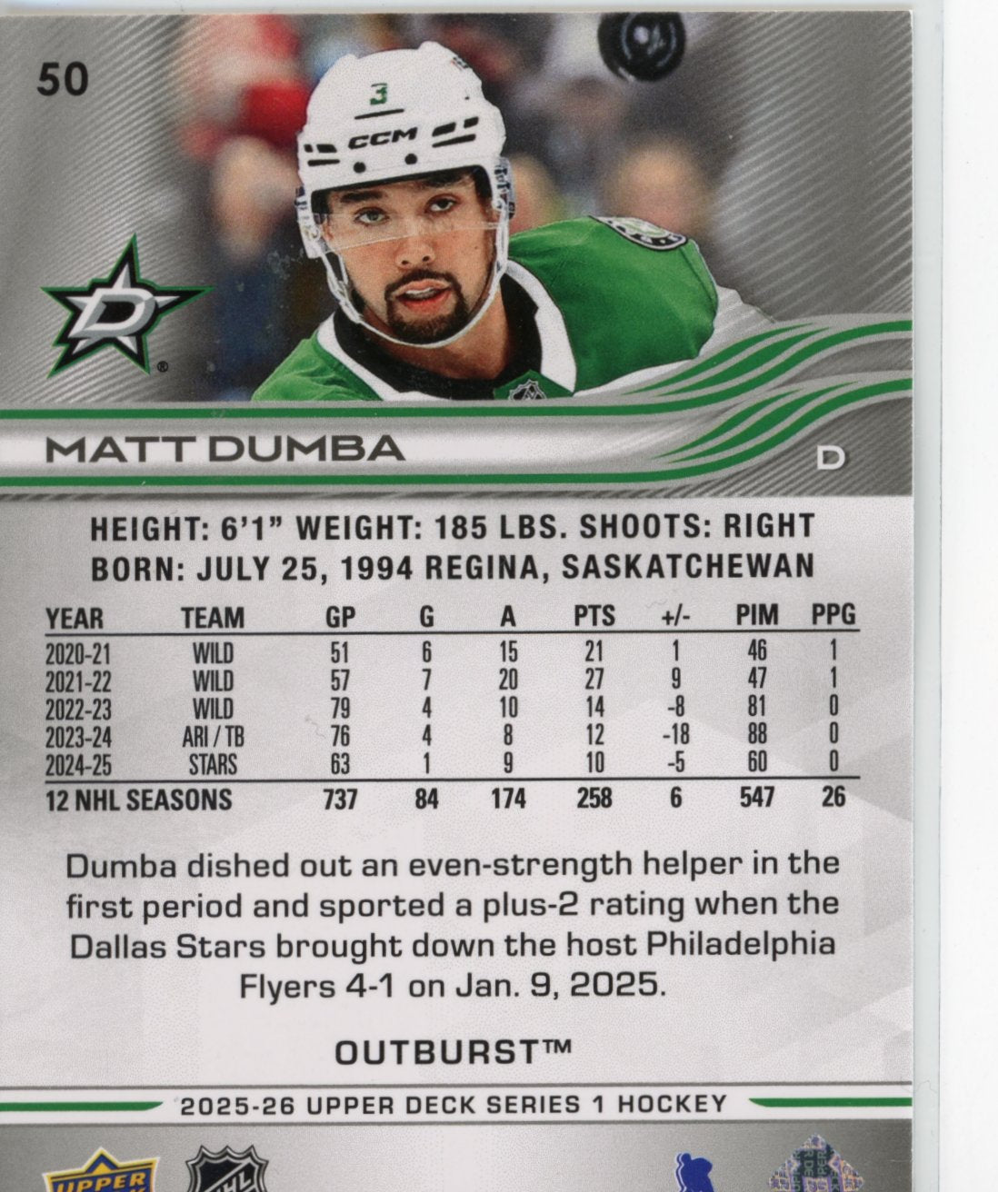 2025-26 Upper Deck Matt Dumba #50 Outburst Silver Dallas Stars
