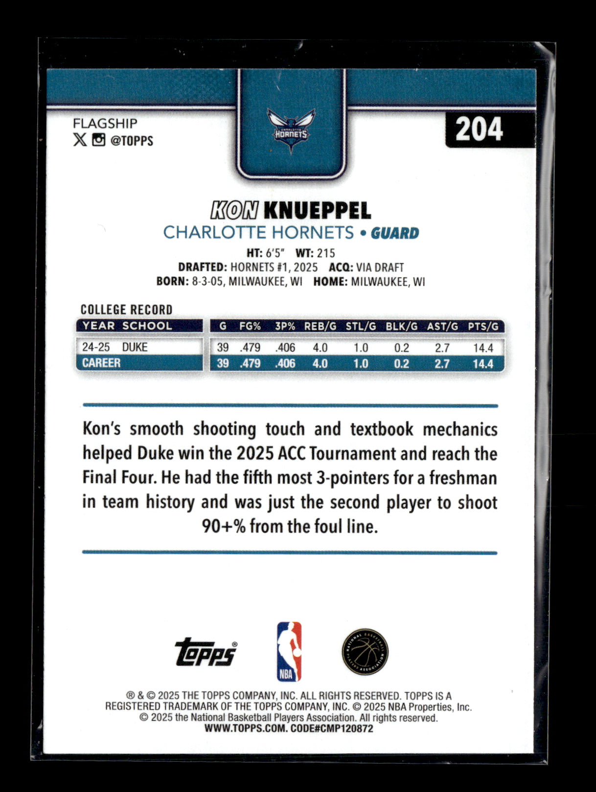 2025-26 Topps Kon Knueppel #204 Charlotte Hornets