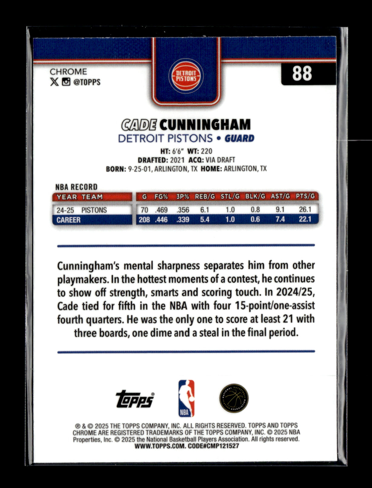 2025-26 Topps Chrome Cade Cunningham #88 Pulsar Refractor Detroit Pistons