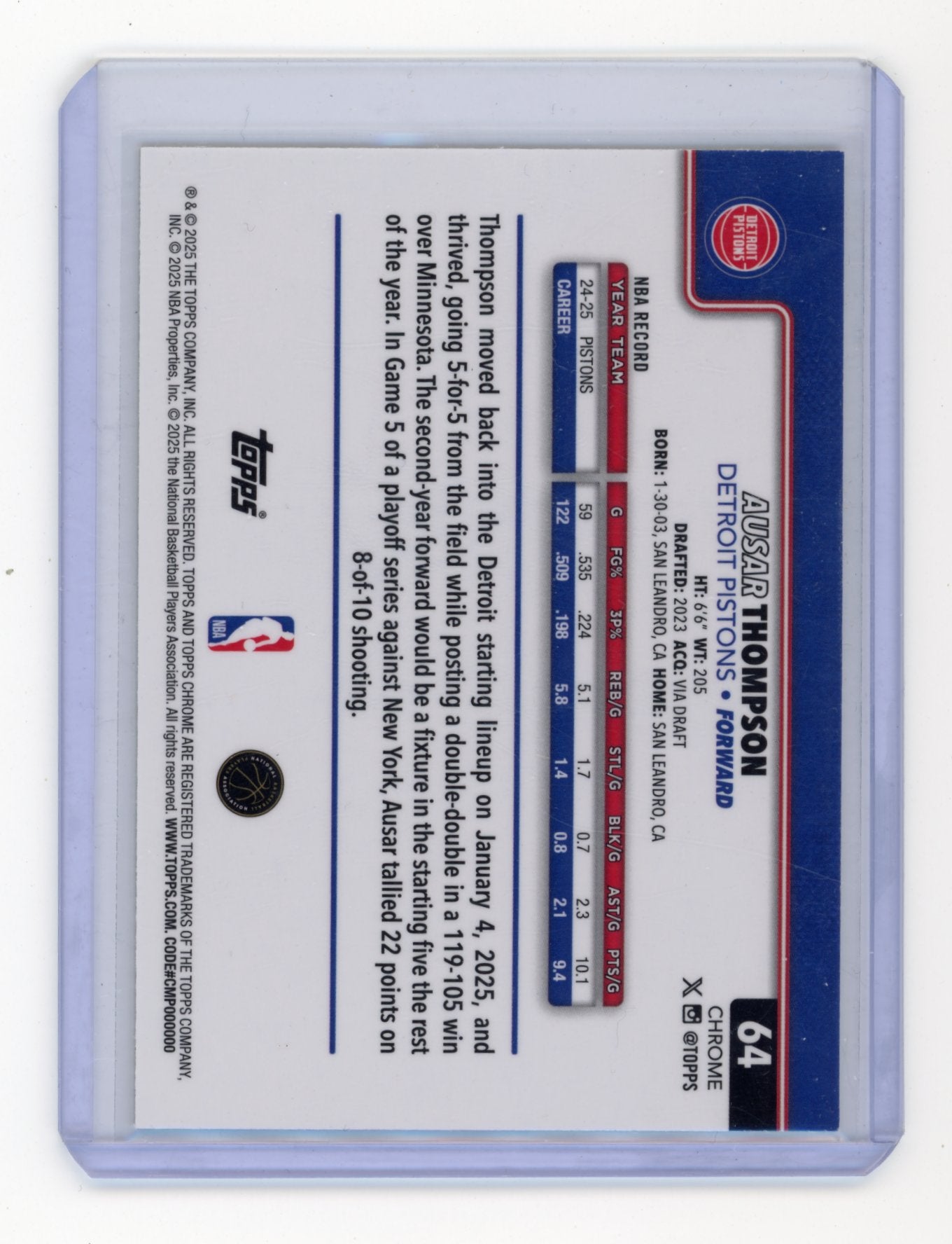 2025-26 Topps Chrome Ausar Thompson #64 Yellow Refractor #/275 Detroit Pistons