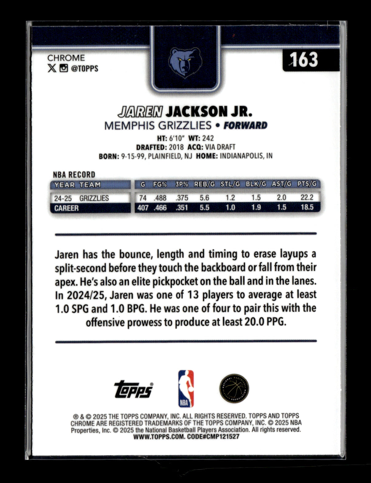 2025-26 Topps Chrome Jaren Jackson Jr. #163 Basketball Refractor Memphis Grizzlies