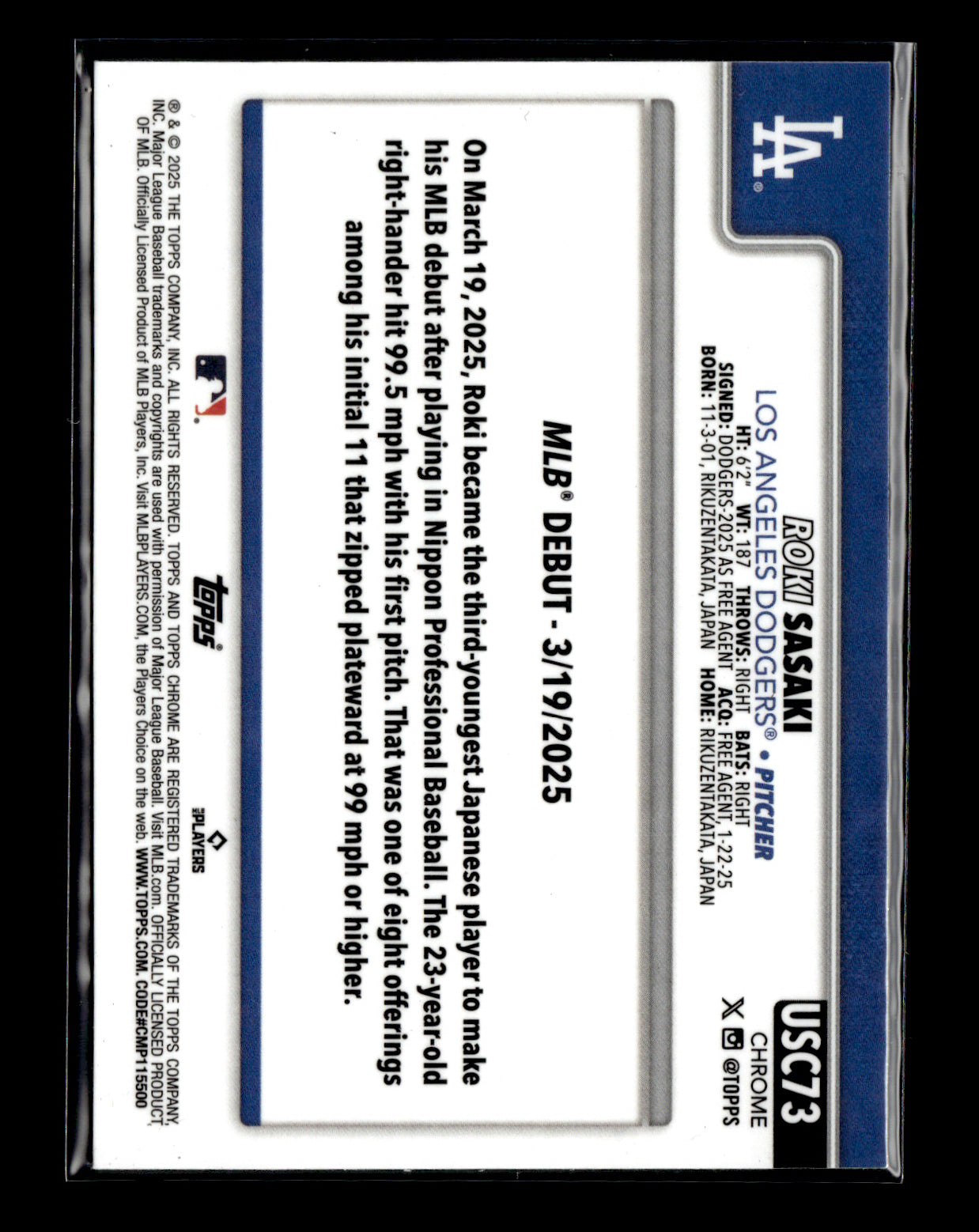 2025 Topps Chrome Update Roki Sasaki #USC73 Los Angeles Dodgers