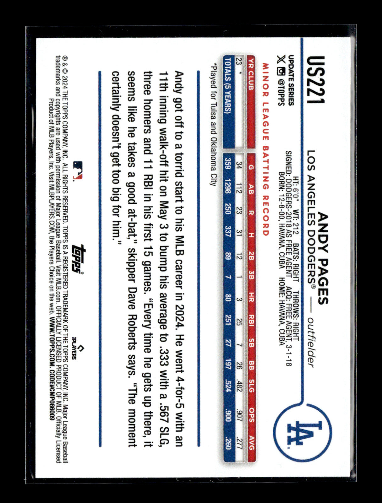 2024 Topps Update Andy Pages #US221 Los Angeles Dodgers