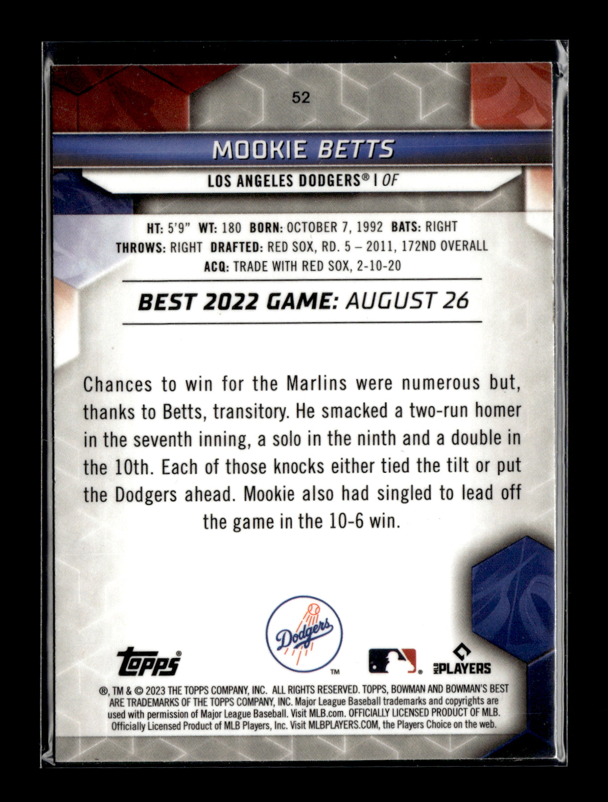 2023 Bowman's Best Mookie Betts #52 Los Angeles Dodgers