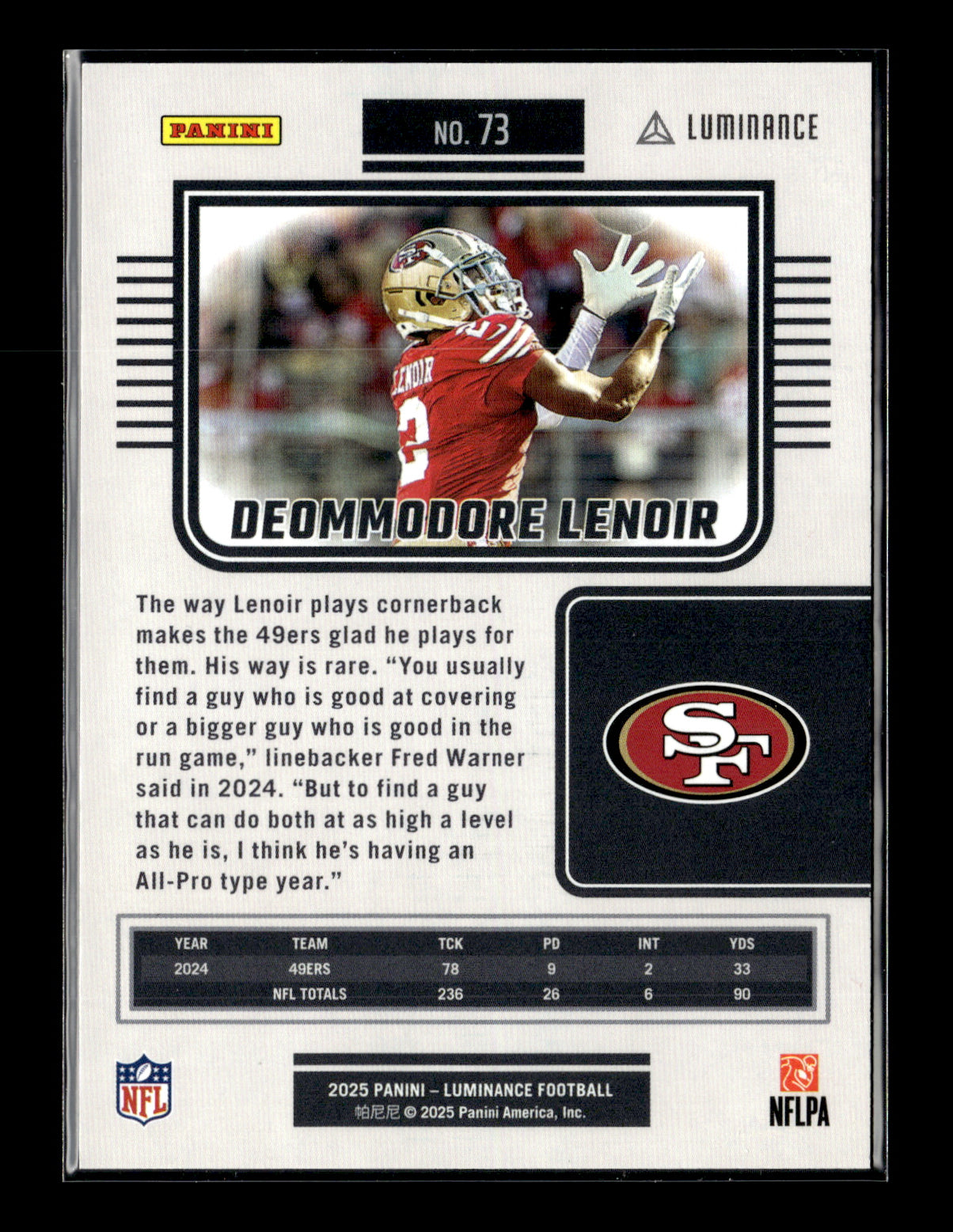2025 Panini Luminance Deommodore Lenoir #73 Gold #/299 San Francisco 49ers
