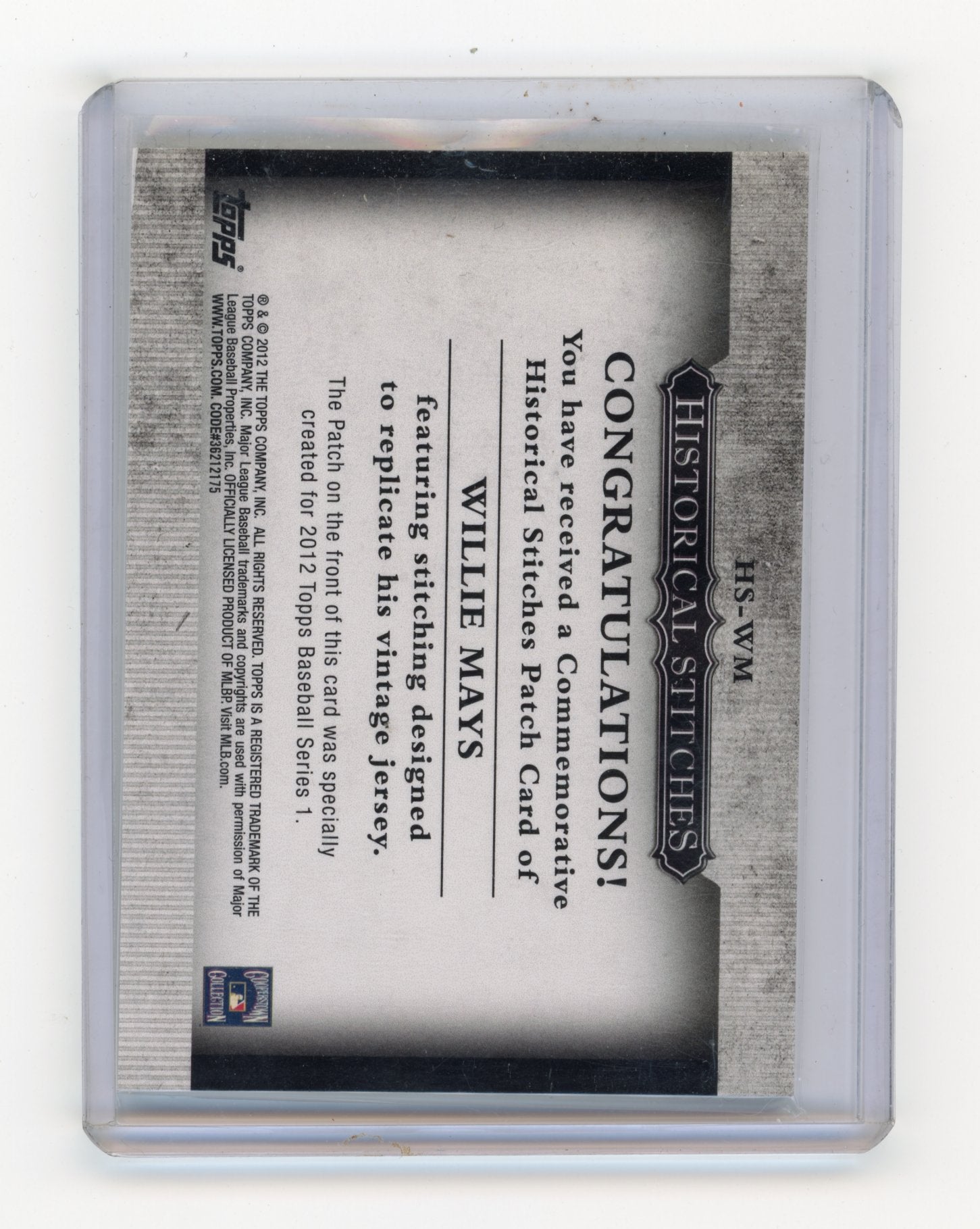 2012 Topps Willie Mays #HS-WM Historical Stitches New York Giants