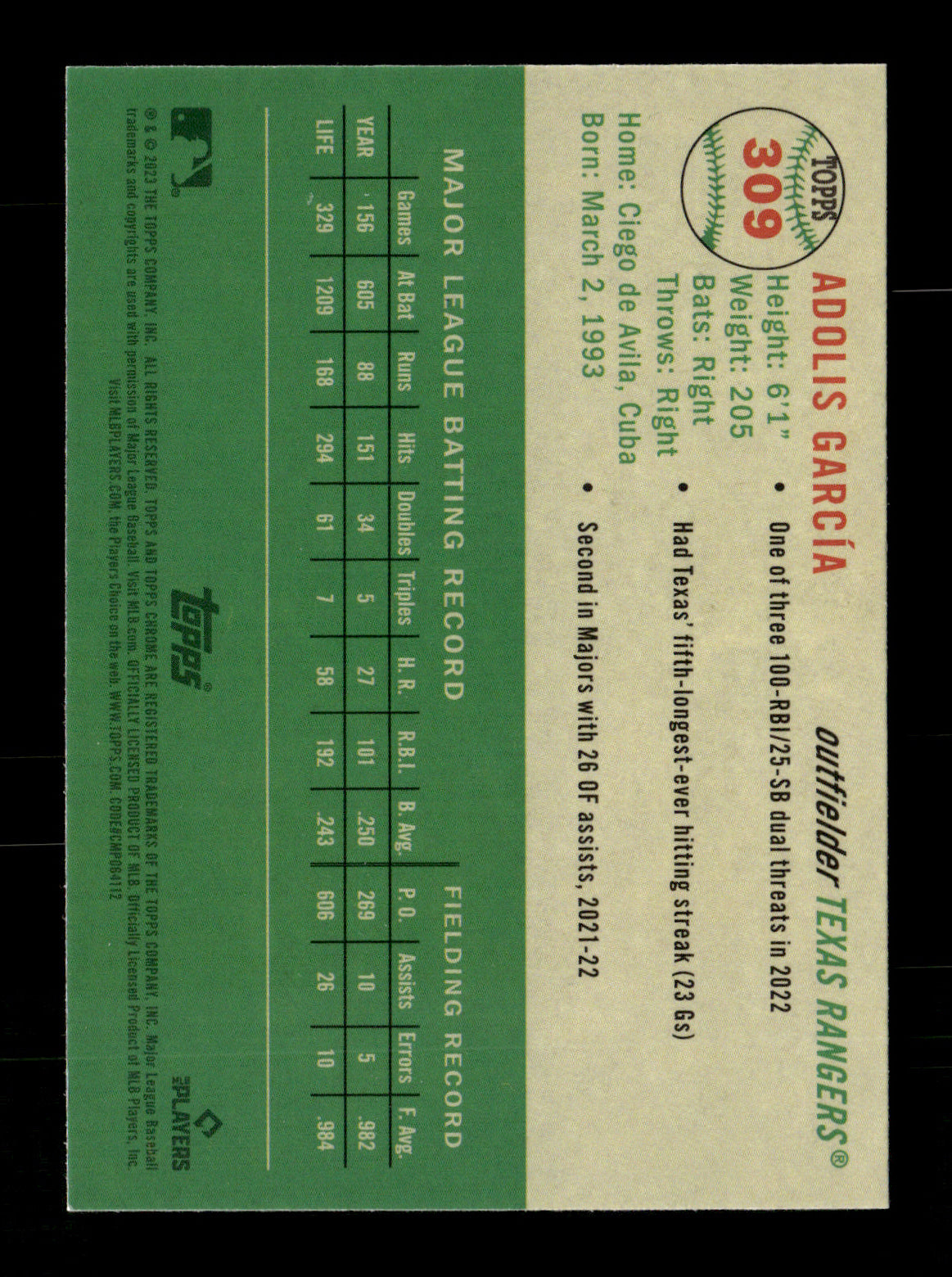 2023 Topps Chrome Platinum Anniversary Adolis García #309 Texas Rangers