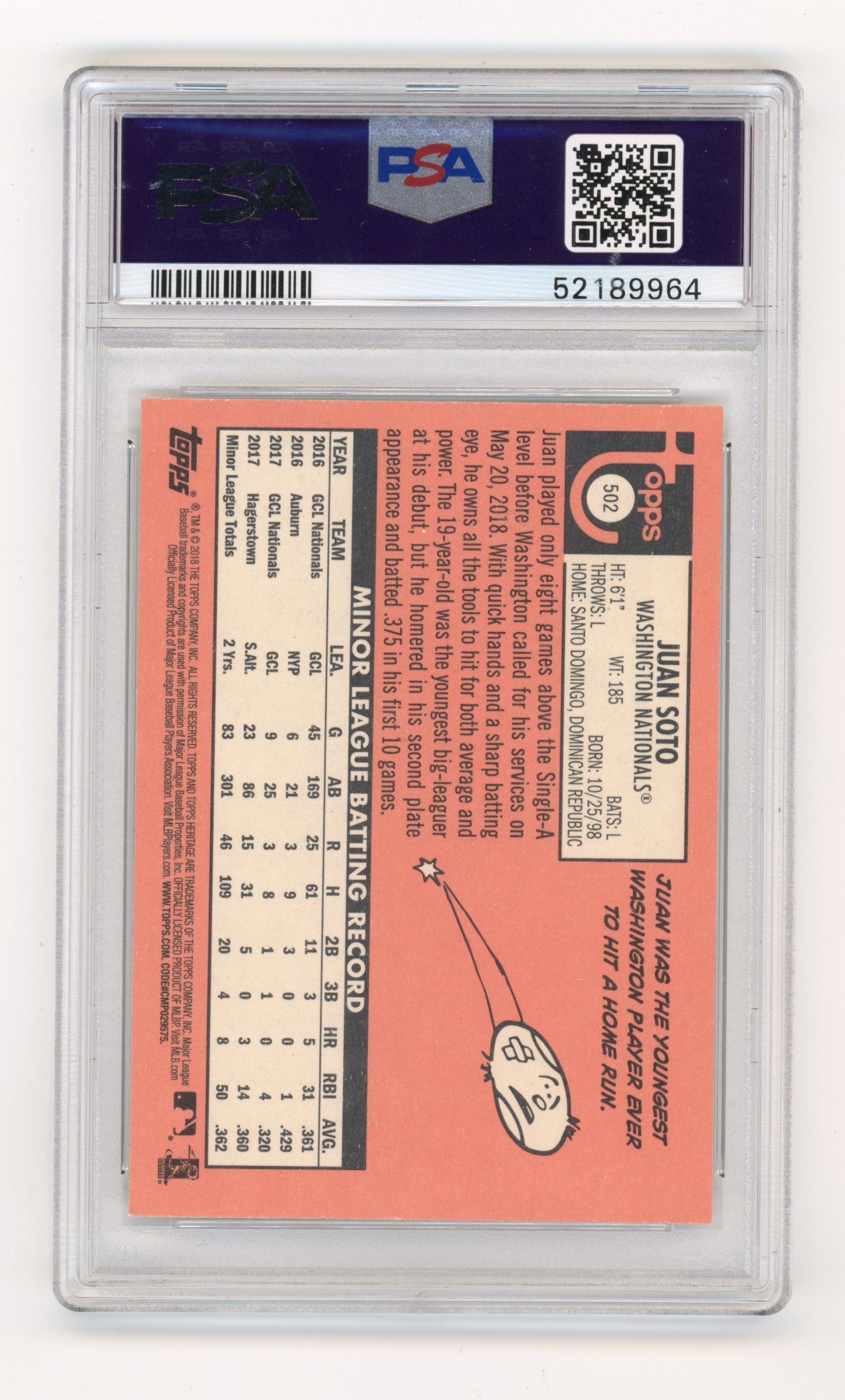 2018 Topps Heritage Juan Soto #502 PSA 10 Washington Nationals