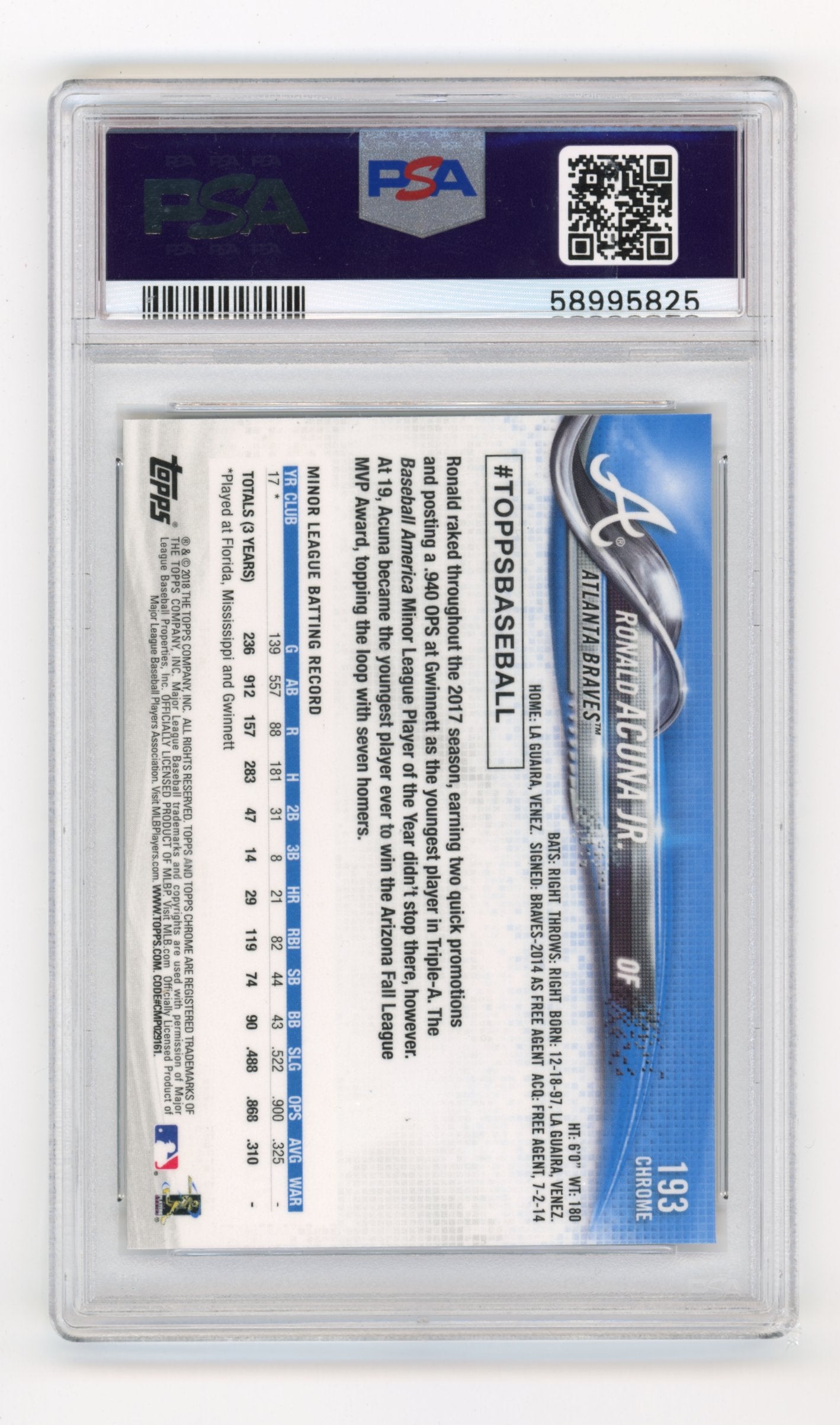 2018 Topps Chrome Ronald Acuna Jr. #193 PSA 10 Atlanta Braves