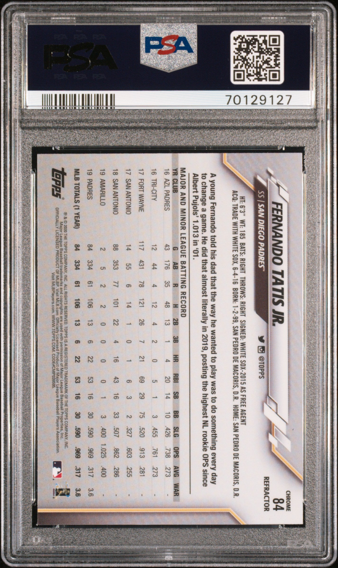 2020 Topps Chrome Fernando Tatis Jr. #84 Refractor PSA 10 San Diego Padres