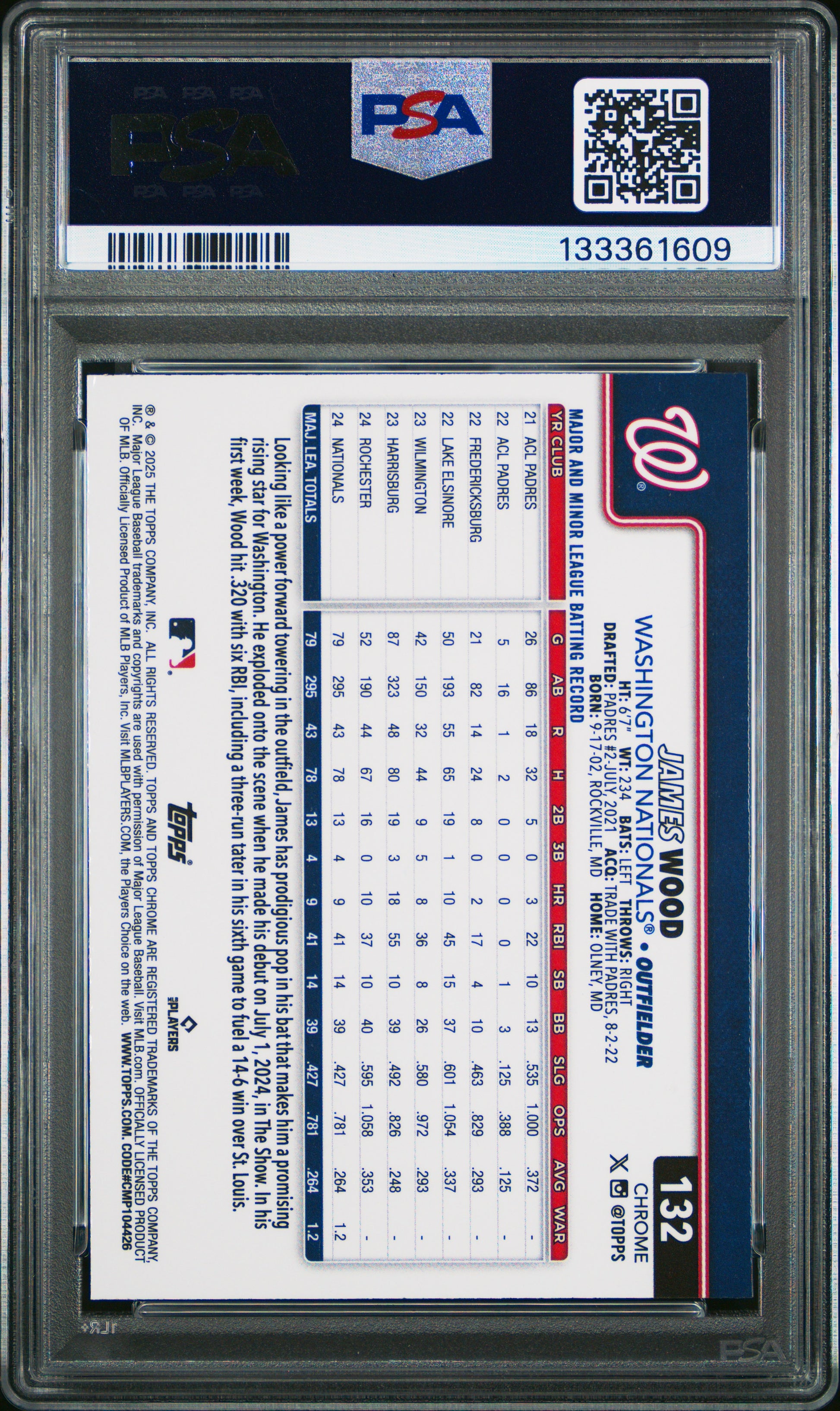 2025 Topps Chrome James Wood #132 Raywave PSA 10 Washington Nationals