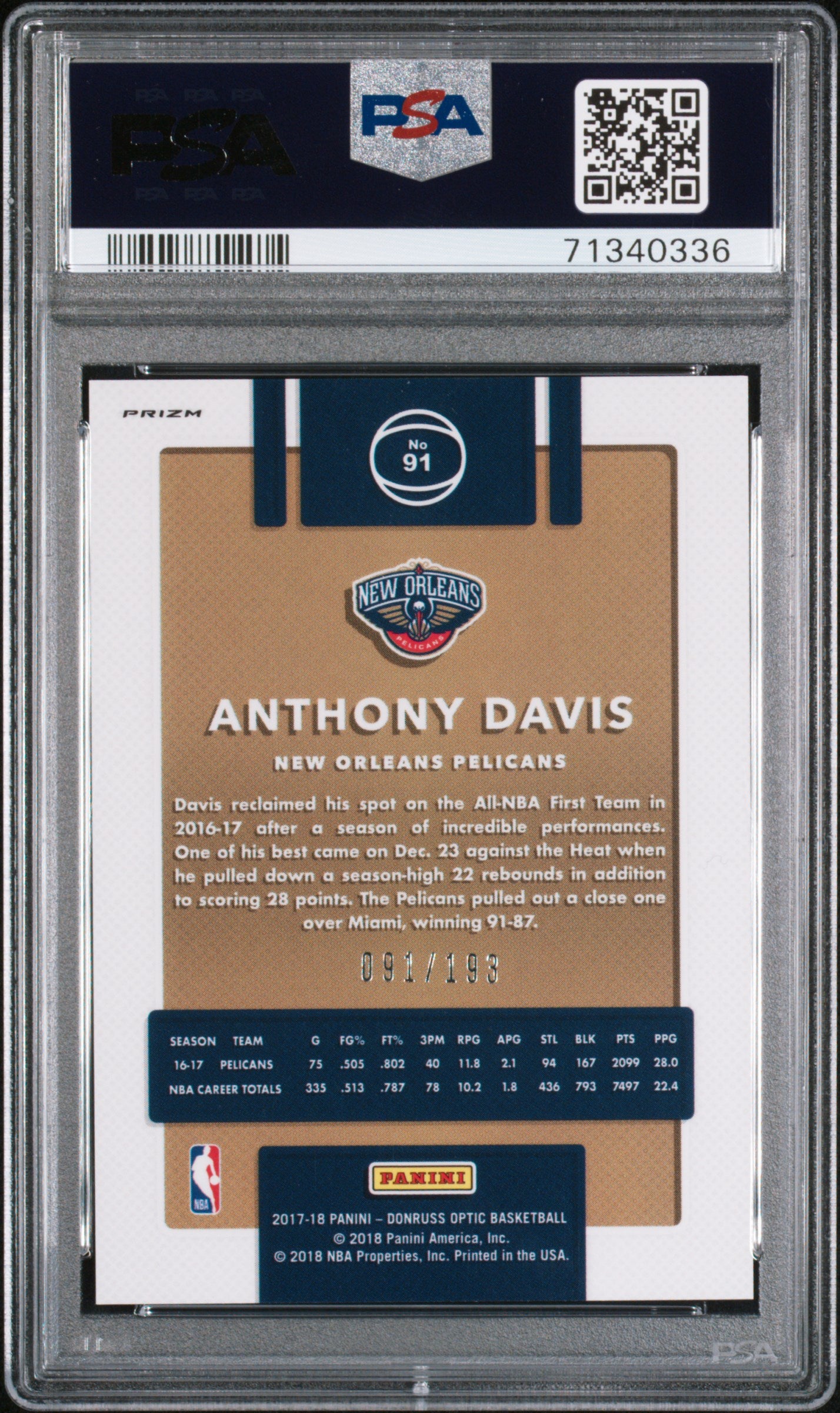 2017 Panini Donruss Optic Anthony Davis #91 Fast Break Orange PSA 10 New Orleans Pelicans