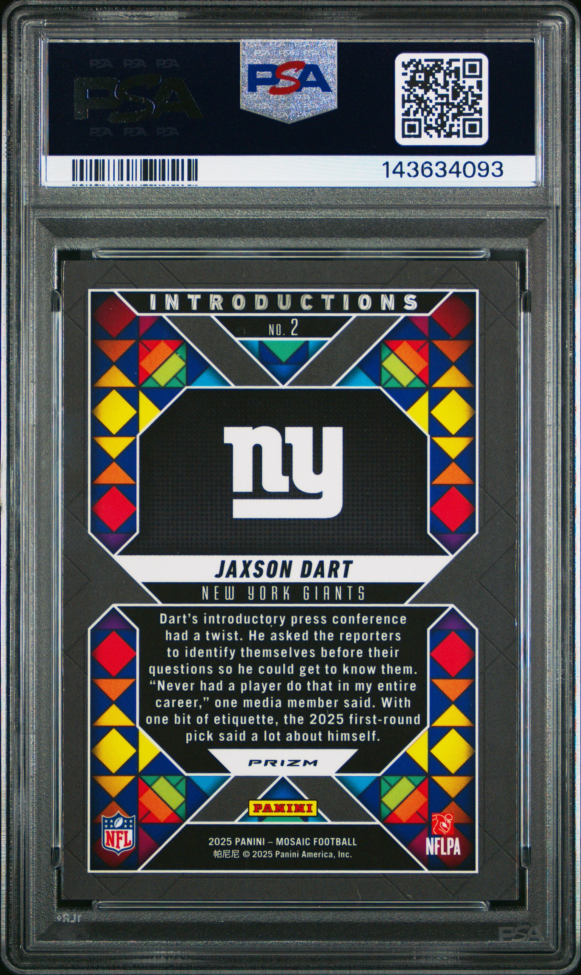 2025 Panini Mosaic Introductions Jaxson Dart #2 Introductions-Silver PSA 9 New York Giants