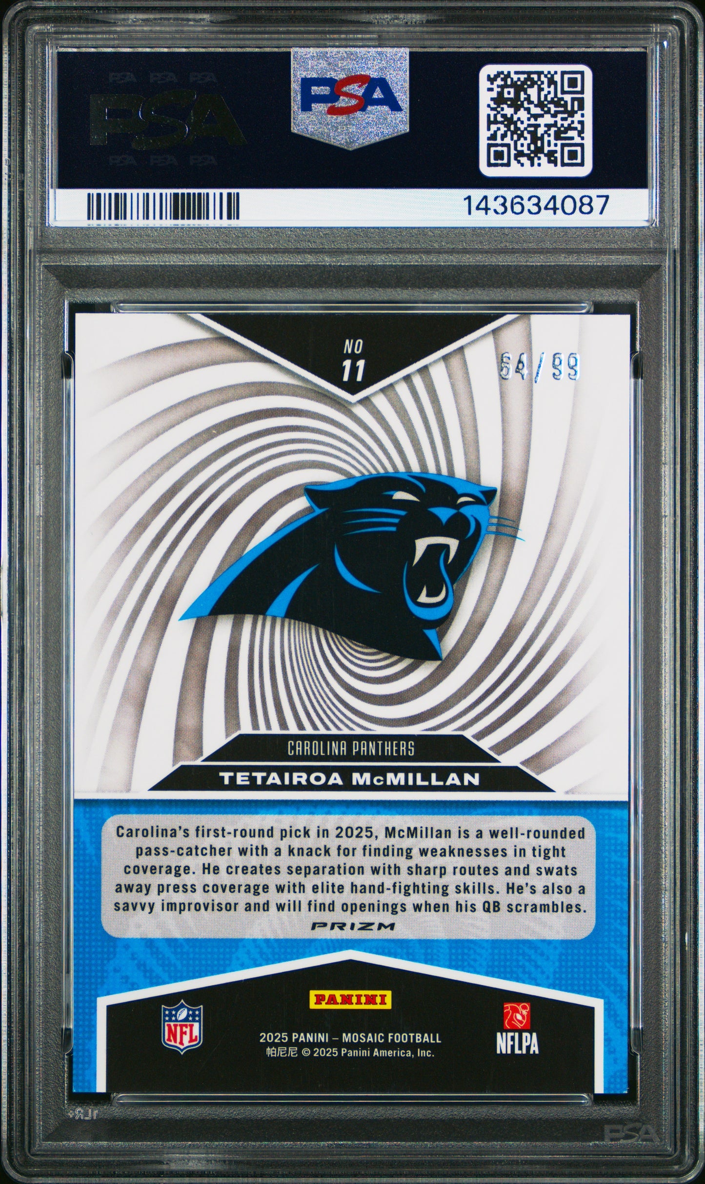 2025 Panini Mosaic Storm Tetairoa Mcmillan #11 Storm-Blue PSA 9 Carolina Panthers