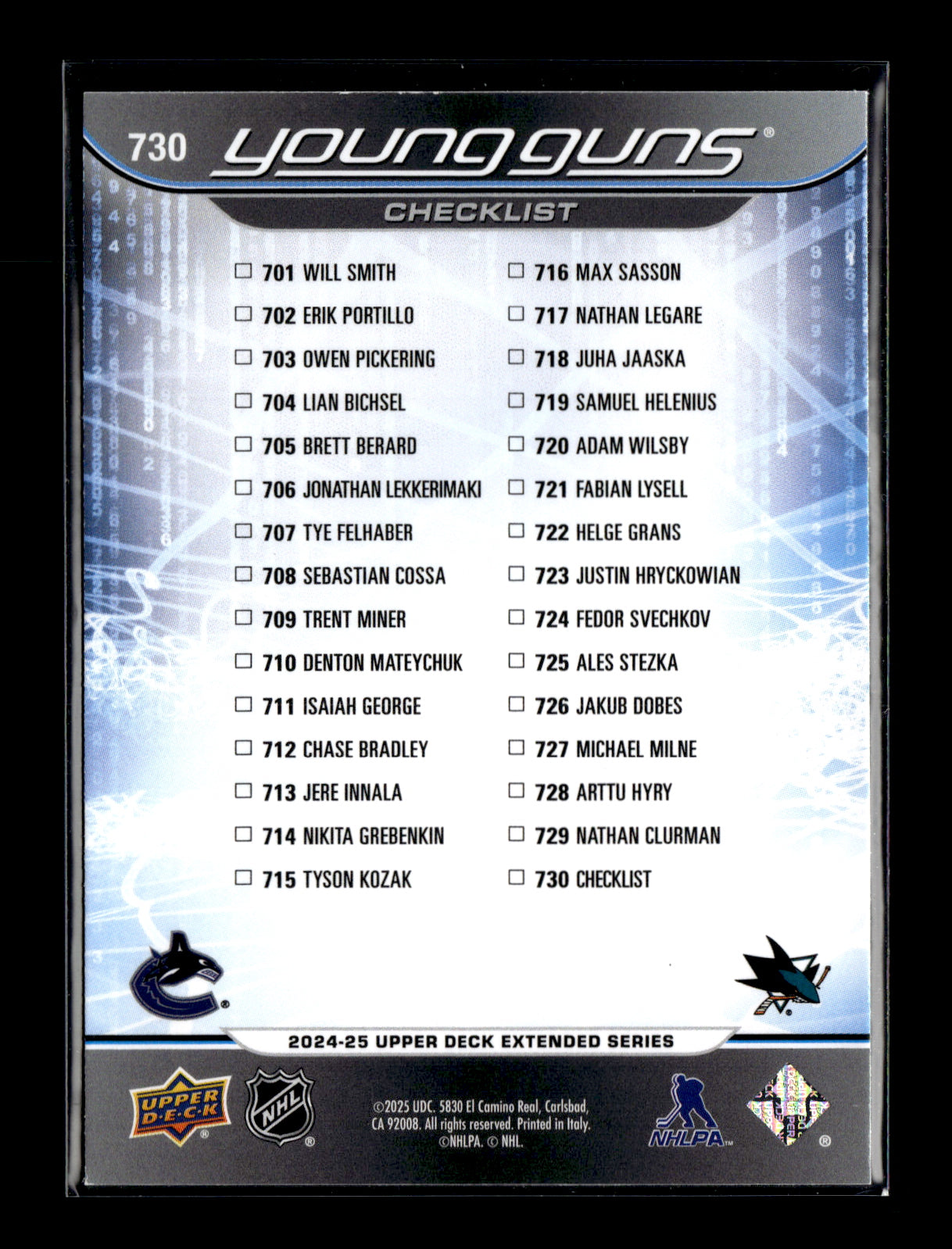 2024-25 Upper Deck Young Guns Checklist (Jonathan Lekkerimaki / Will Smith) #730