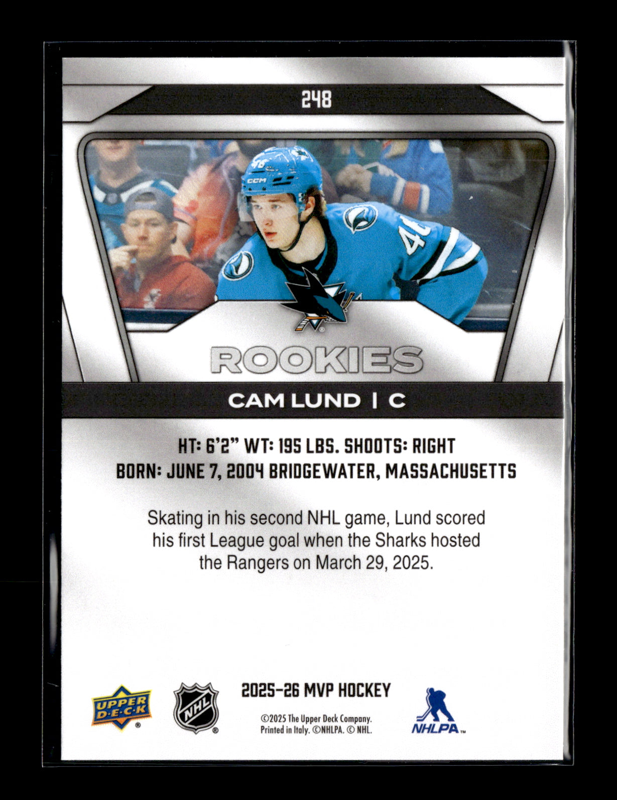 2025-26 Upper Deck MVP Cam Lund #248 San Jose Sharks