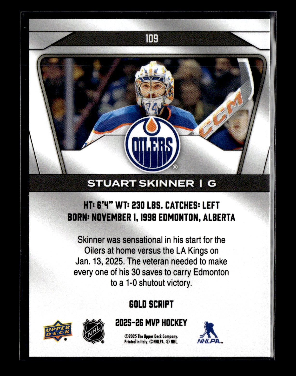 2025-26 Upper Deck MVP Stuart Skinner #109 Gold Script Edmonton Oilers