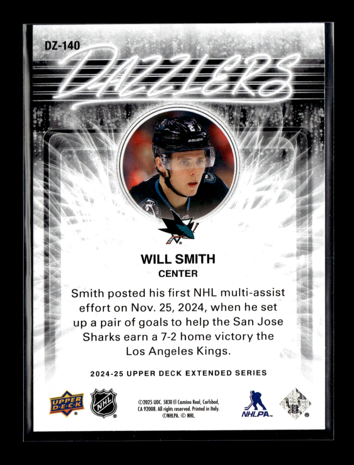 2024-25 Upper Deck Will Smith #DZ-140 Dazzlers Blue San Jose Sharks