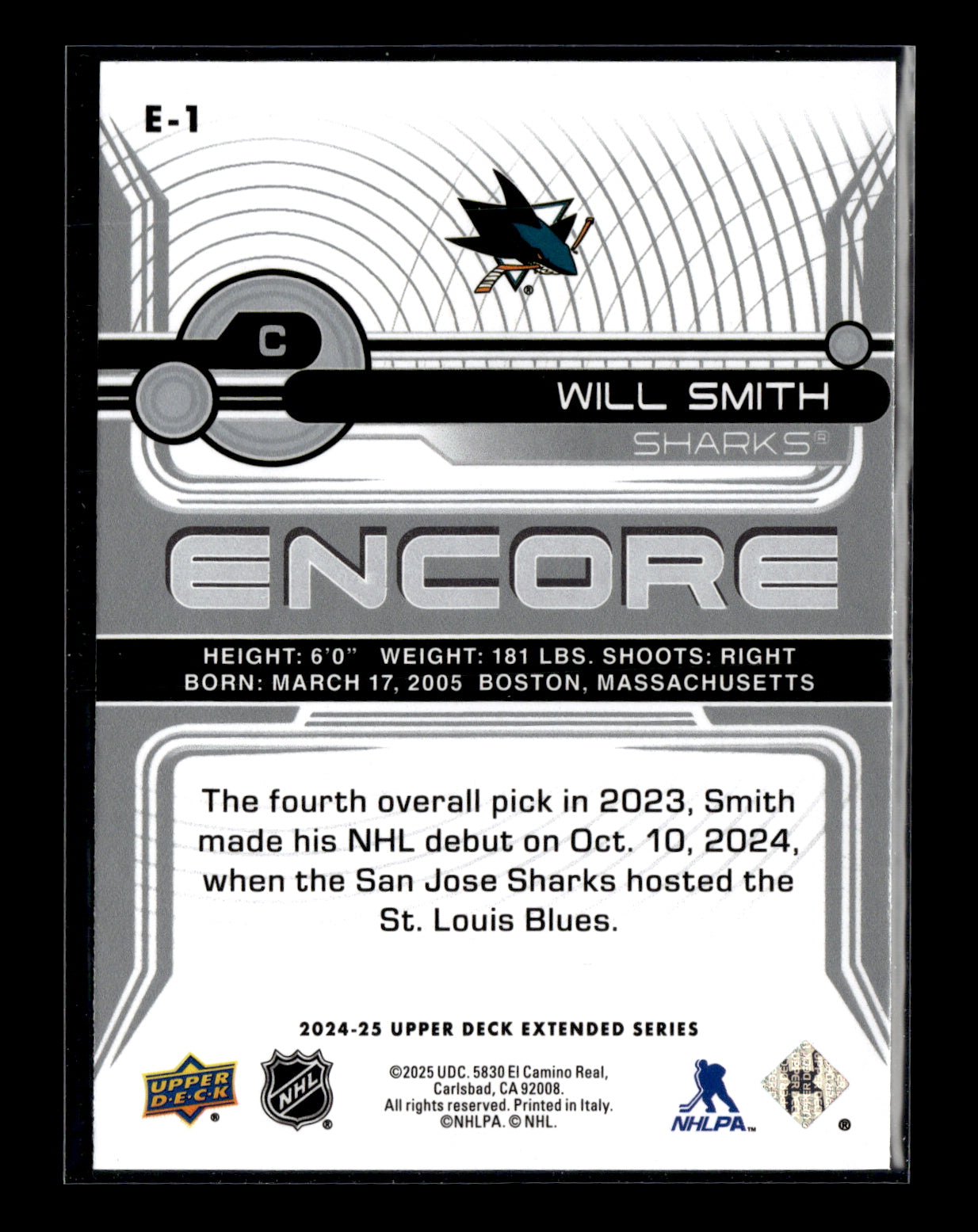 2024-25 Upper Deck Will Smith #E-1 Encore San Jose Sharks