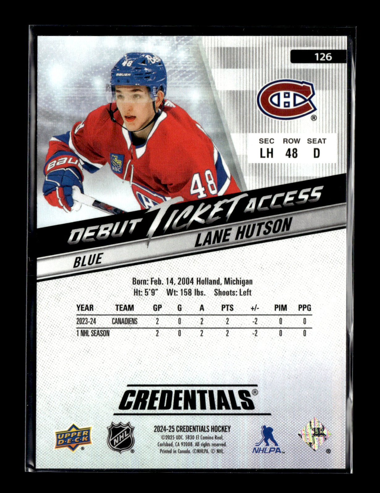 2024-25 Upper Deck Credentials Lane Hutson #126 Blue #/399 Montreal Canadiens