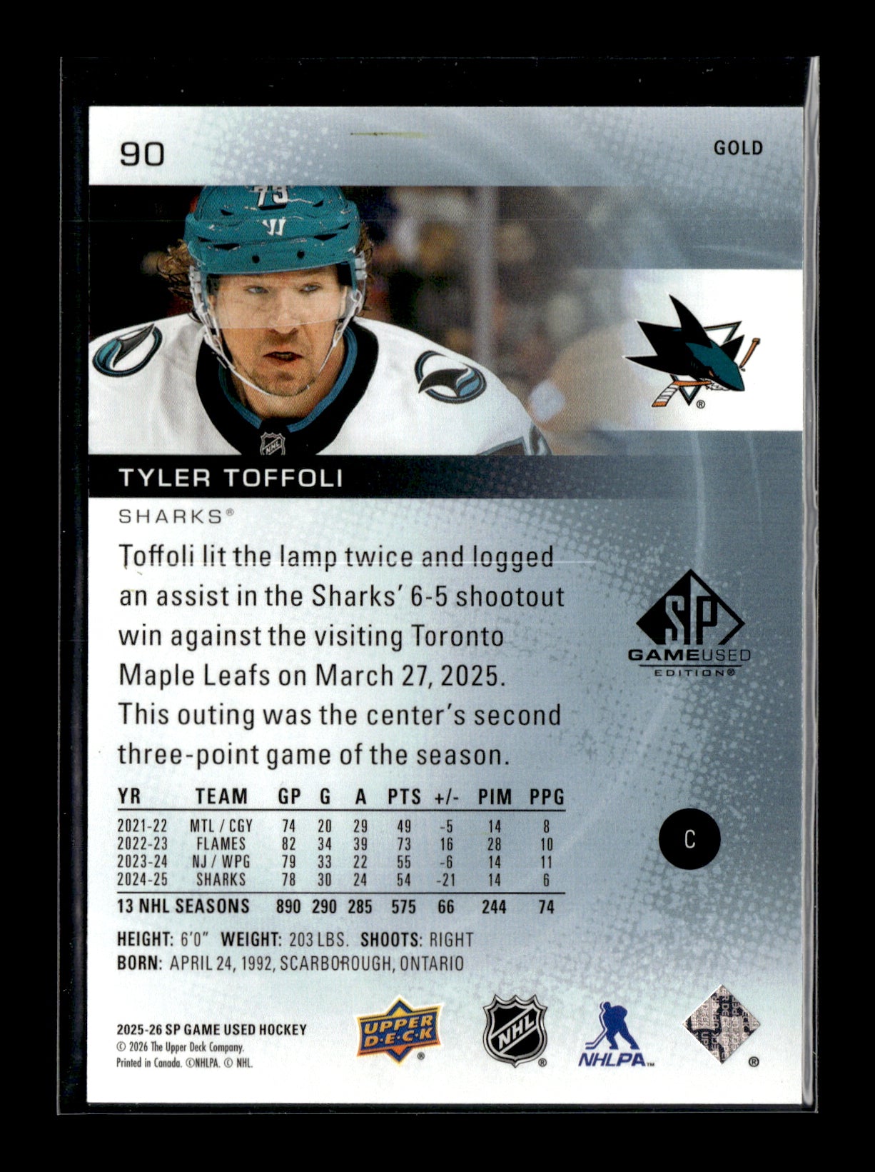 2025-26 SP Game Used Tyler Toffoli #90 Gold #/149 San Jose Sharks