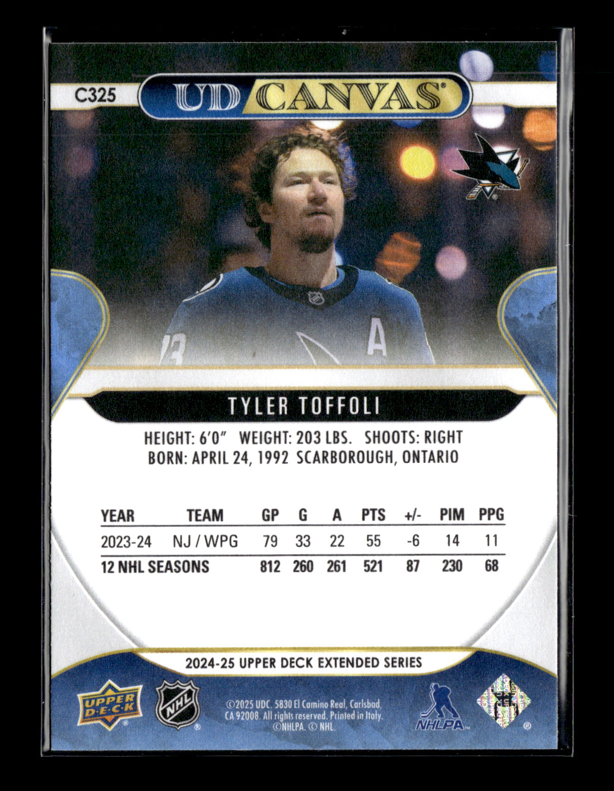 2024-25 Upper Deck Tyler Toffoli #C325 UD Canvas San Jose Sharks