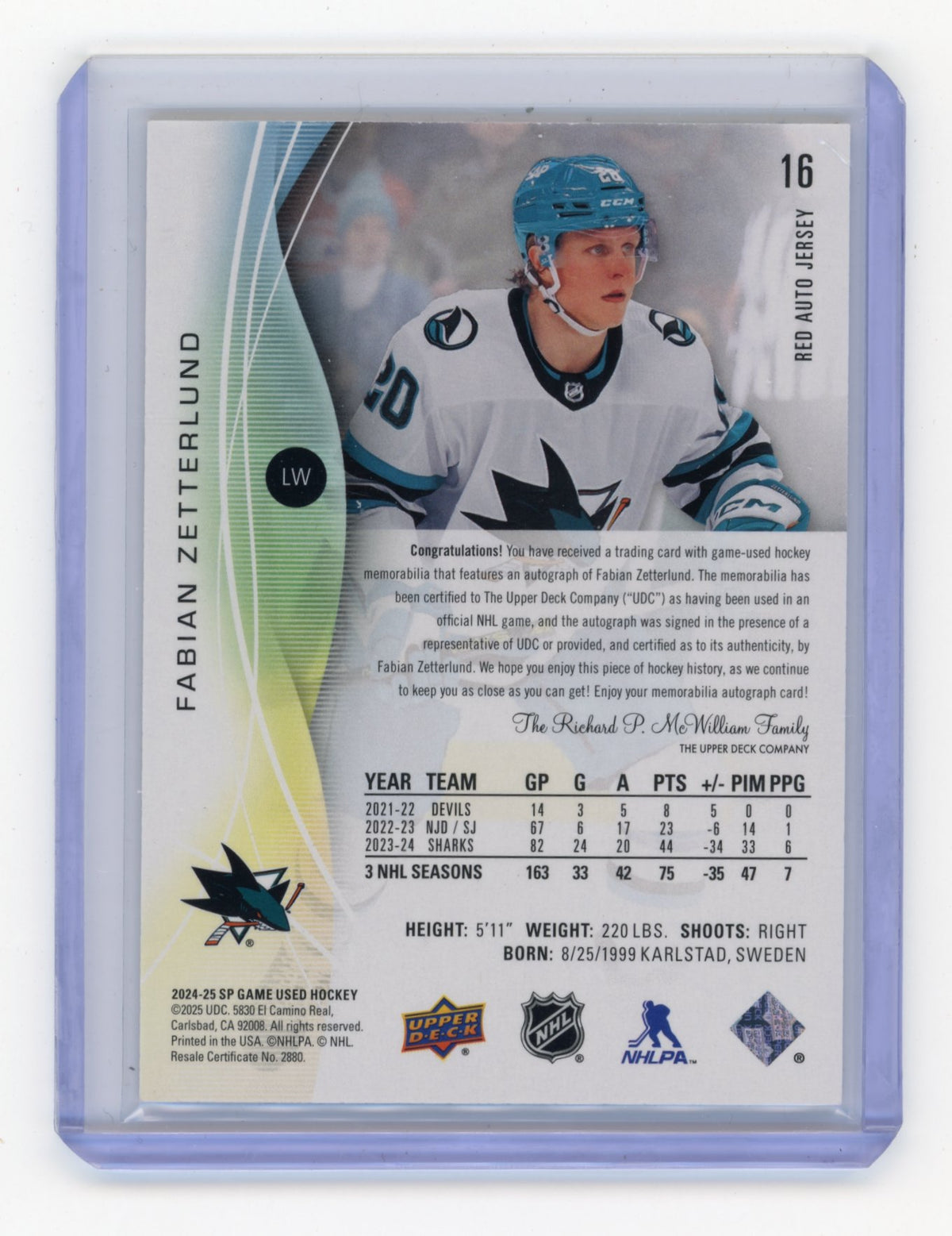 2024-25 SP Game Used Fabian Zetterlund #16 Red Auto Jerseys #/149 San Jose Sharks