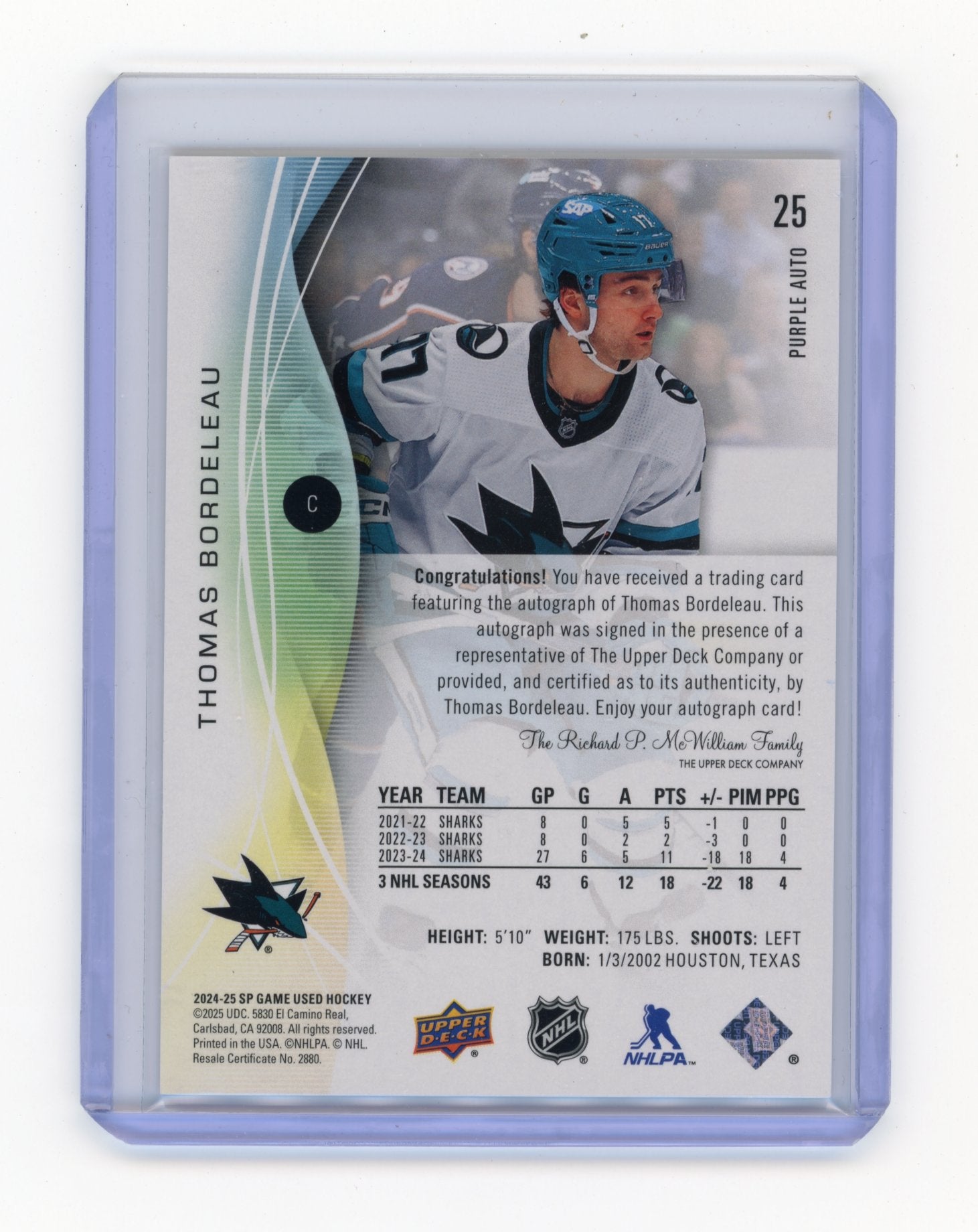 2024-25 SP Game Used Thomas Bordeleau #25 Purple #/5 San Jose Sharks