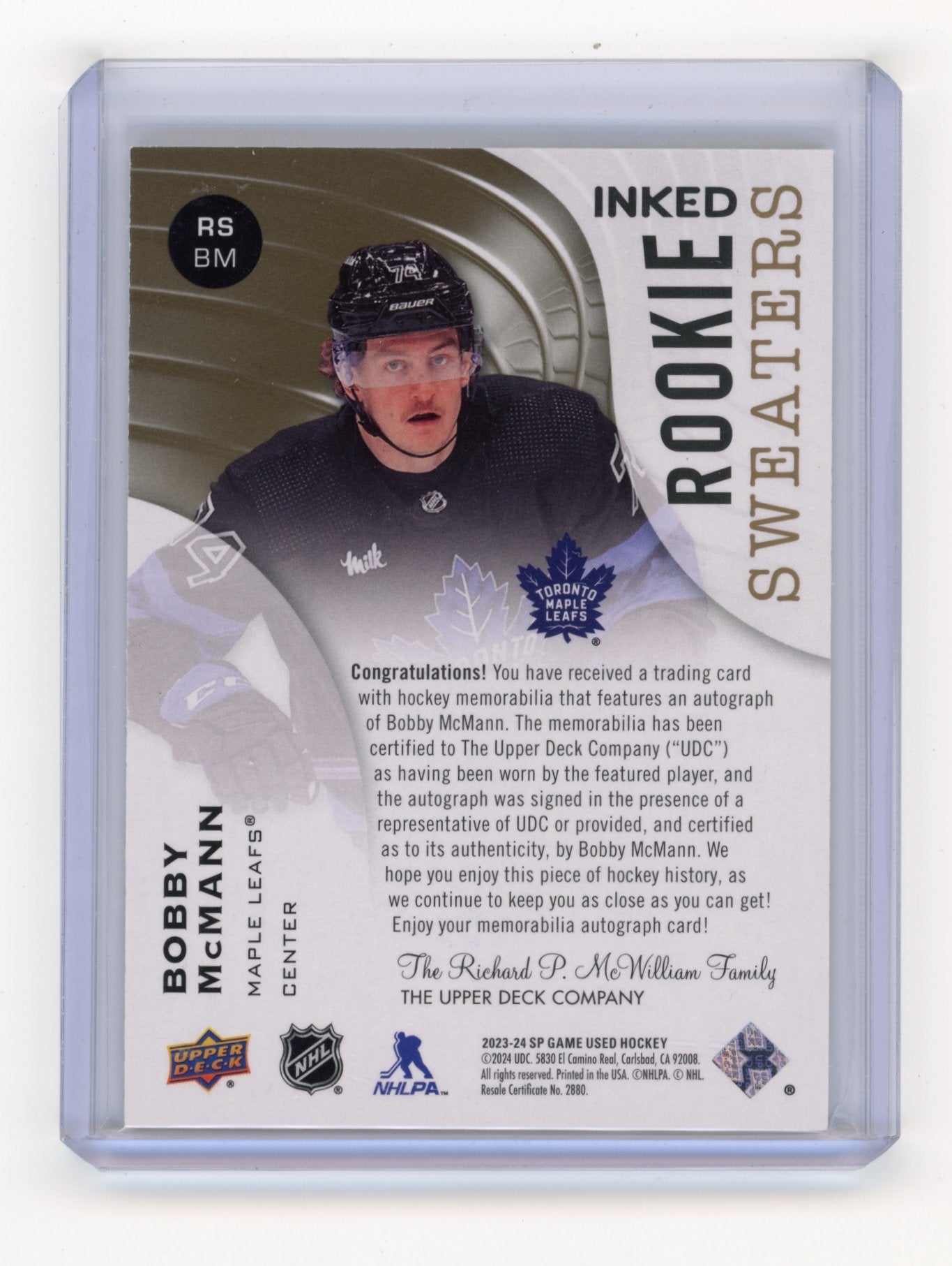 2023-24 SP Game Used Bobby McMann #RS-BM Inked Rookie Sweaters Patch #/49 Toronto Maple Leafs