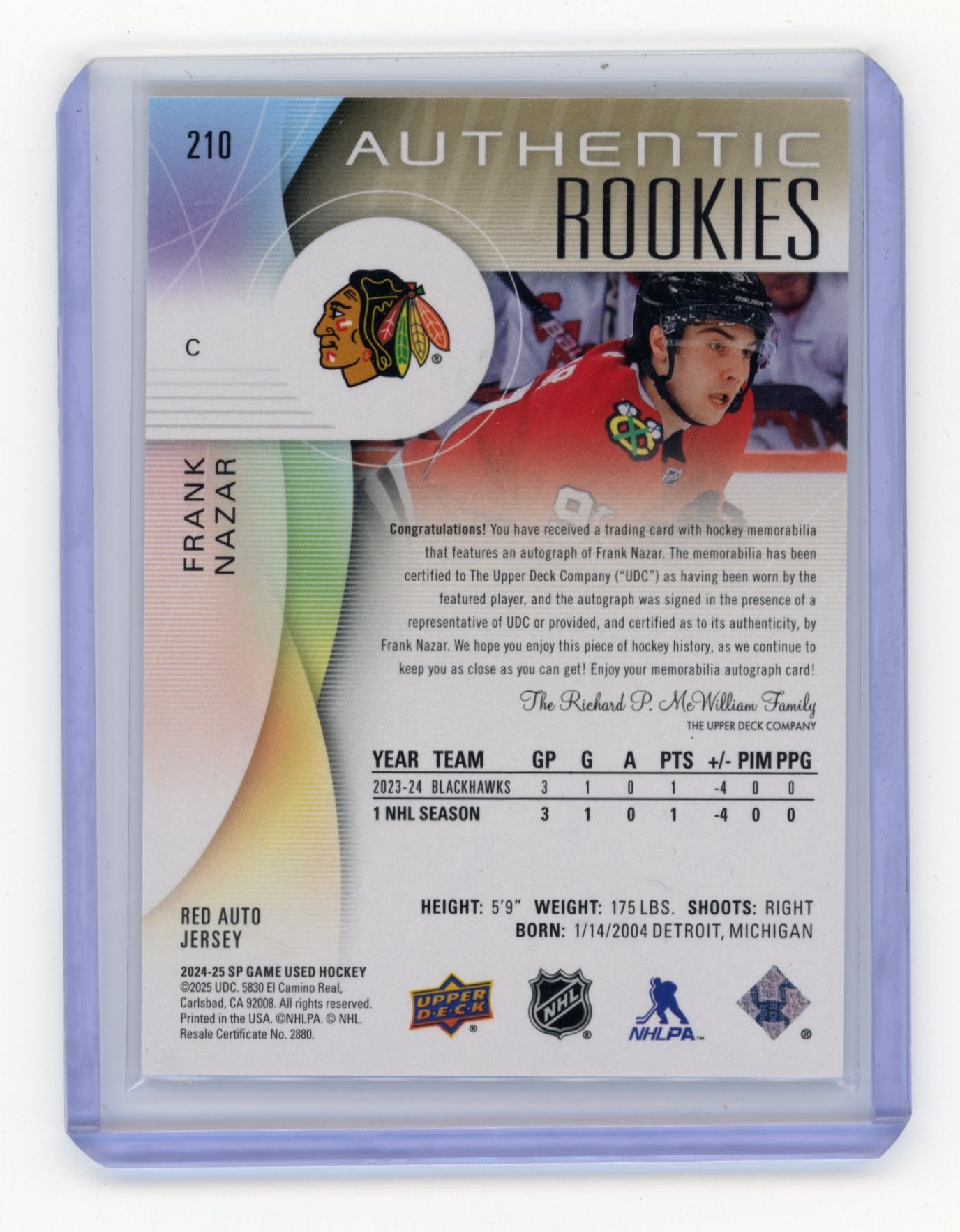 2024-25 SP Game Used Frank Nazar #210 Red Auto Jerseys #/99 Chicago Blackhawks