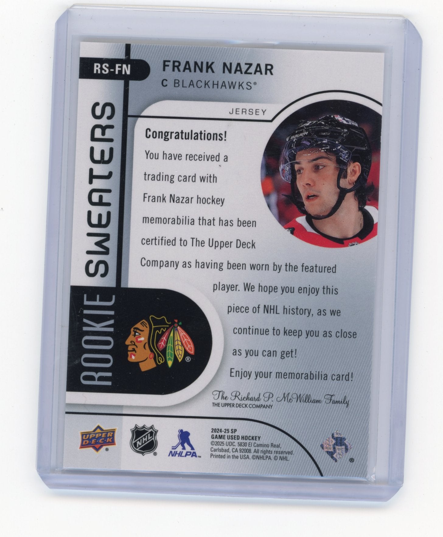 2024-25 SP Game Used Frank Nazar #RS-FN Rookie Sweaters #/299 Chicago Blackhawks
