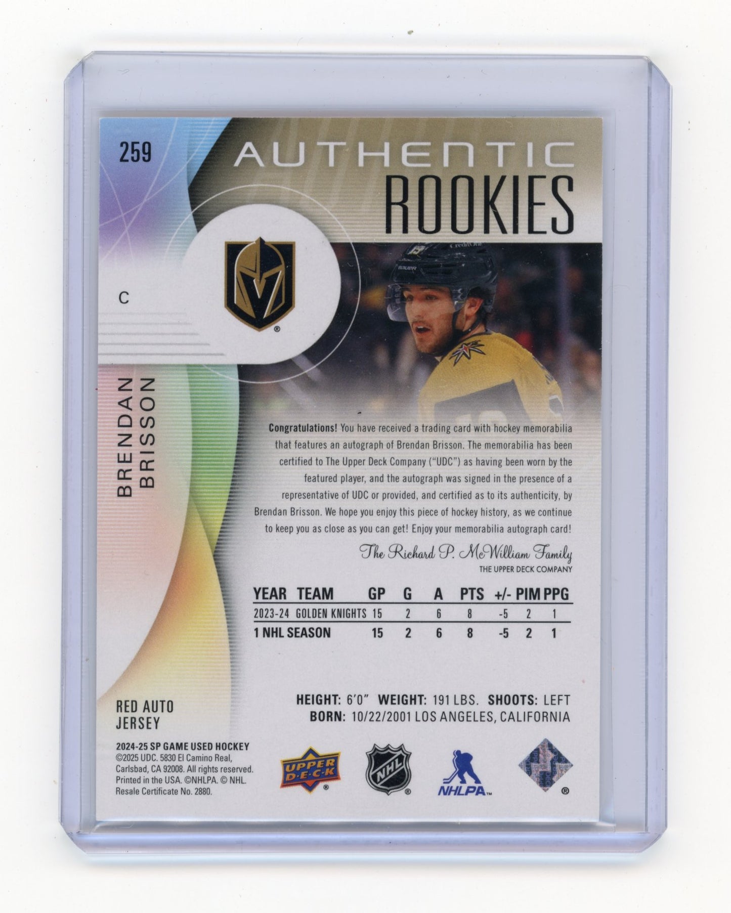 2024-25 SP Game Used Brendan Brisson #259 Red Auto Jerseys #/99 Vegas Golden Knights