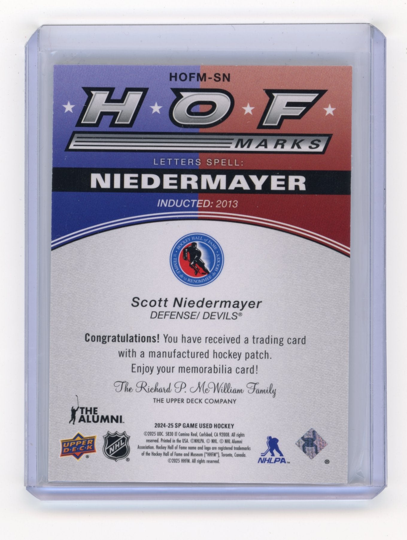 2024-25 SP Game Used Scott Niedermayer #HOFM-SN HOF Marks #/35 New Jersey Devils
