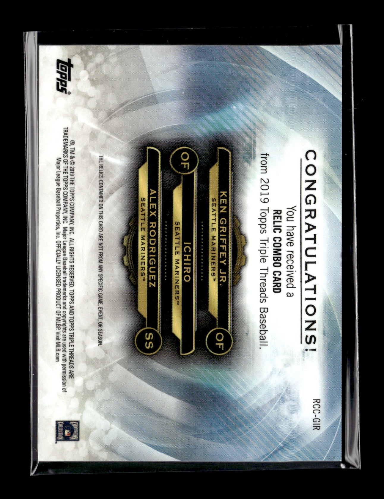 2020 Topps Triple Threads Ken Griffey Jr. / Ichiro / Alex Rodriguez MEM, SN36 #RCC-GIR Triple Threads Relic Combo #/36 Seattle Mariners