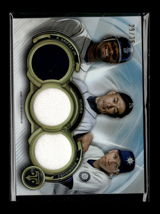 2020 Topps Triple Threads Ken Griffey Jr. / Ichiro / Alex Rodriguez MEM, SN36 #RCC-GIR Triple Threads Relic Combo #/36 Seattle Mariners