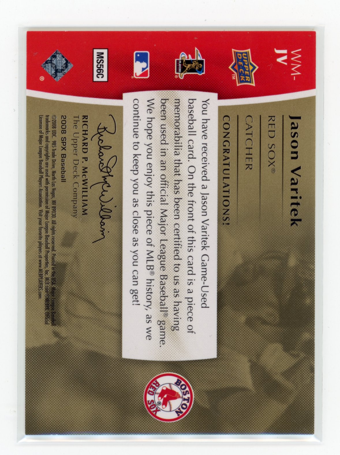 2008 SPx Jason Varitek #WM-JV Winning Materials SPx - Die Cut 150 #/150 Boston Red Sox