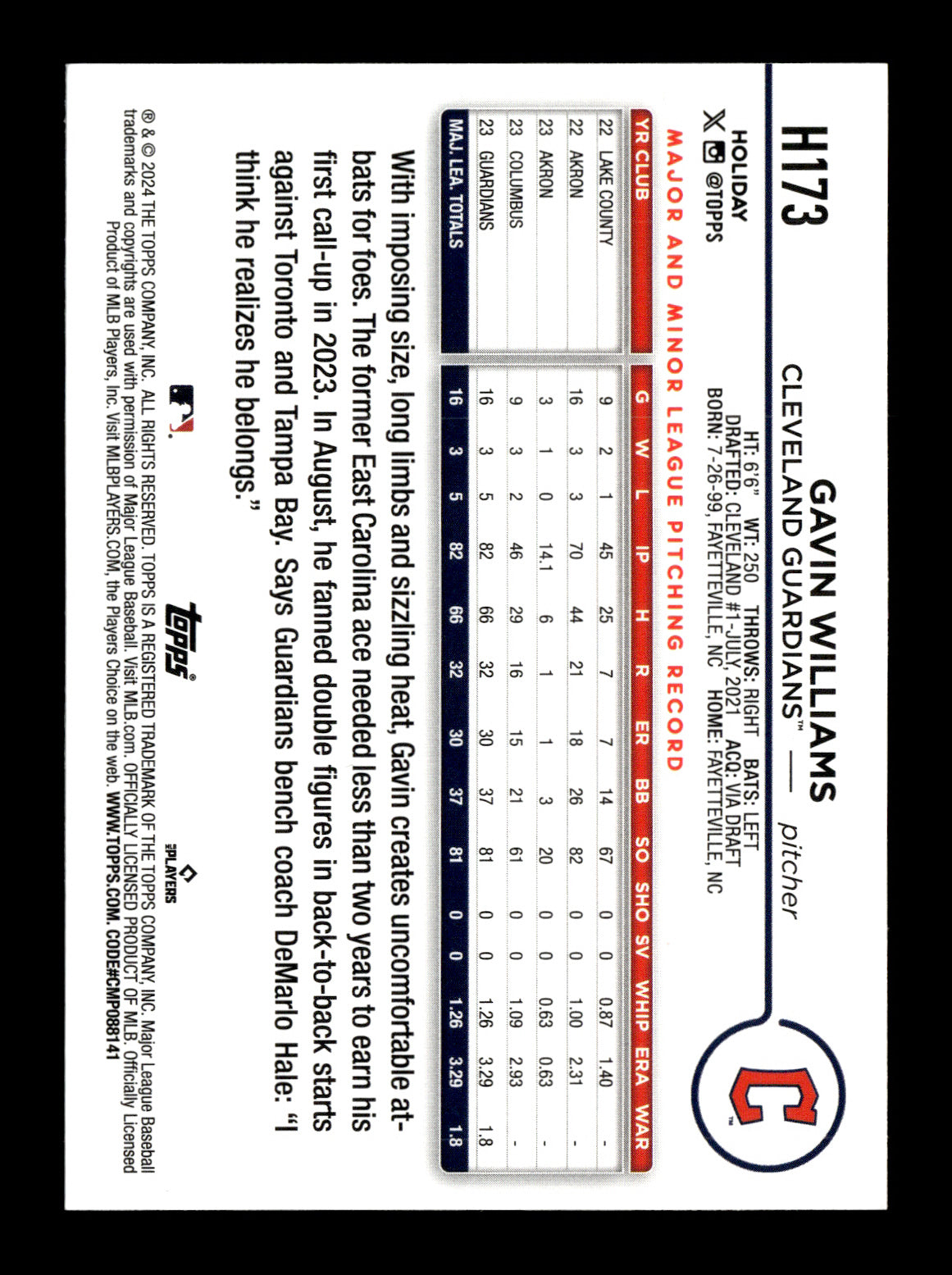 2024 Topps Holiday Gavin Williams #H173 Cleveland Guardians