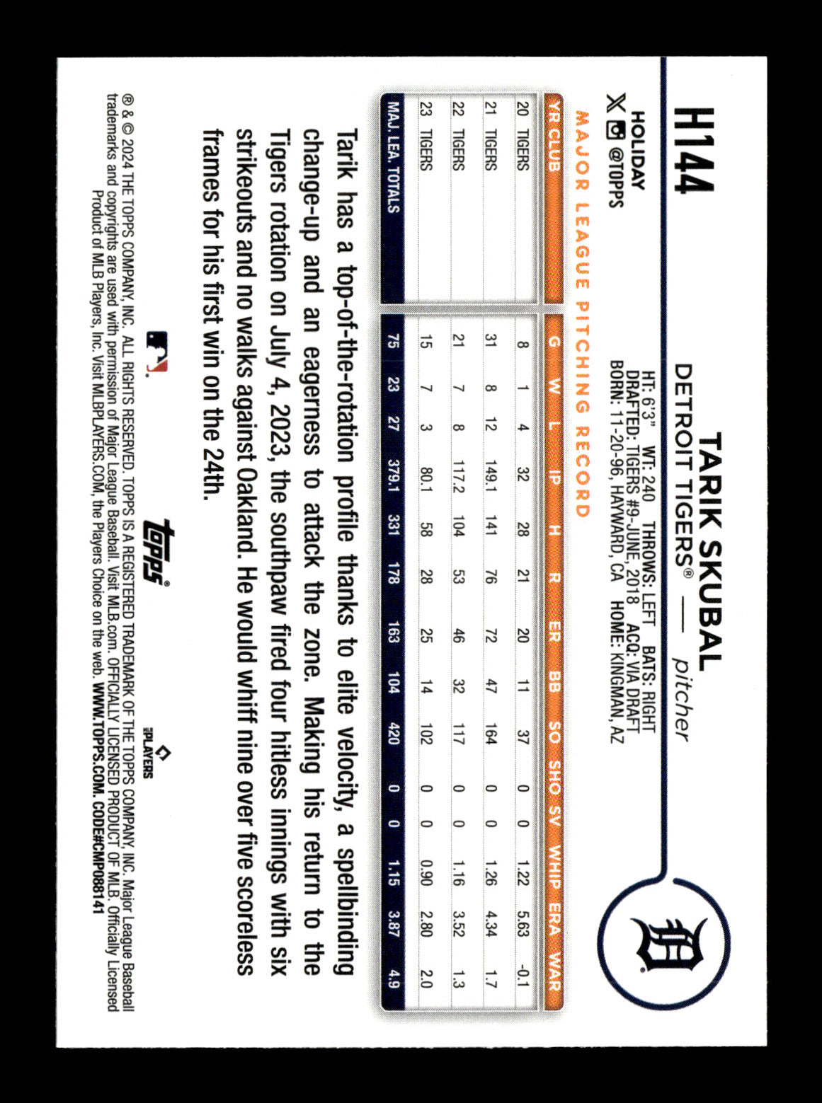 2024 Topps Holiday Tarik Skubal #H144 Detroit Tigers