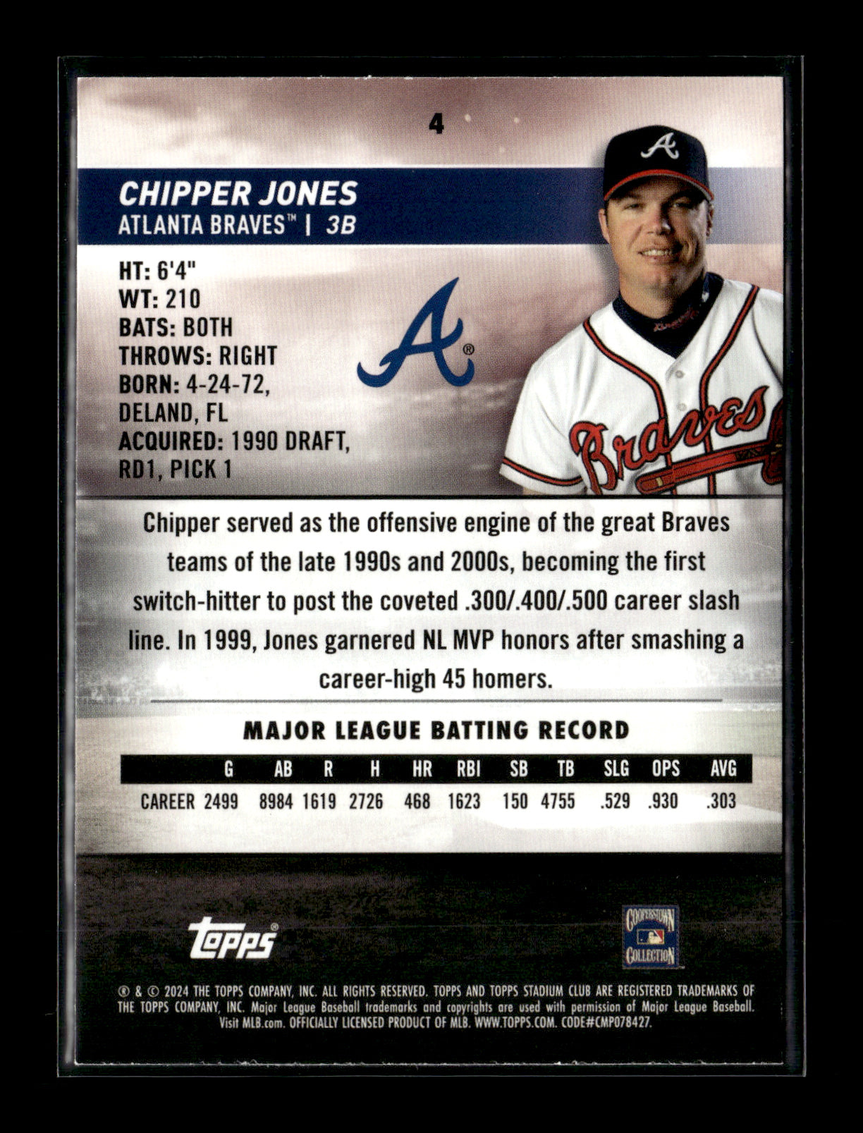 2024 Stadium Club Chipper Jones #4 Atlanta Braves