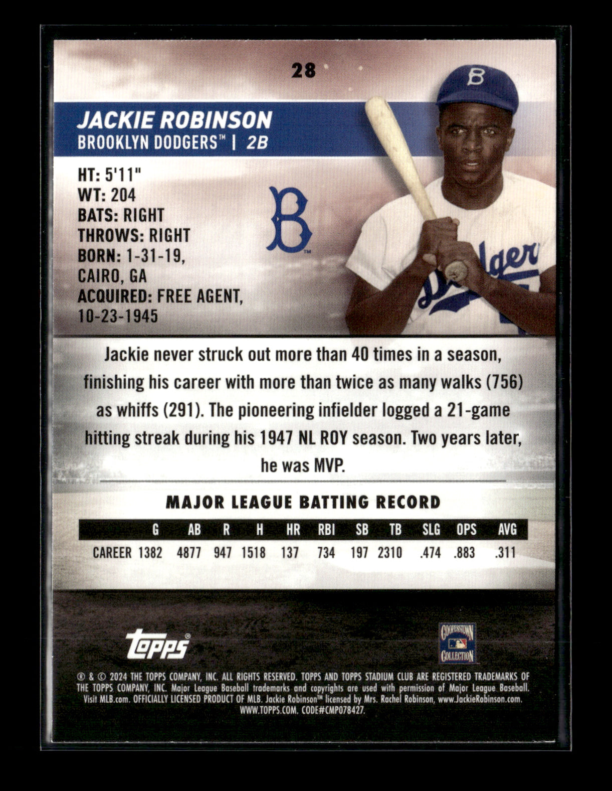 2024 Stadium Club Jackie Robinson #28 Brooklyn Dodgers