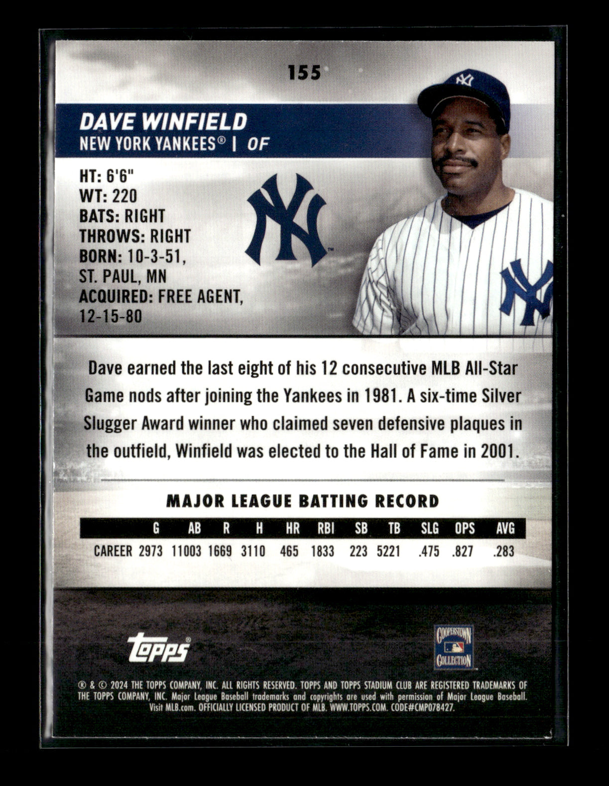 2024 Stadium Club Dave Winfield #155 New York Yankees